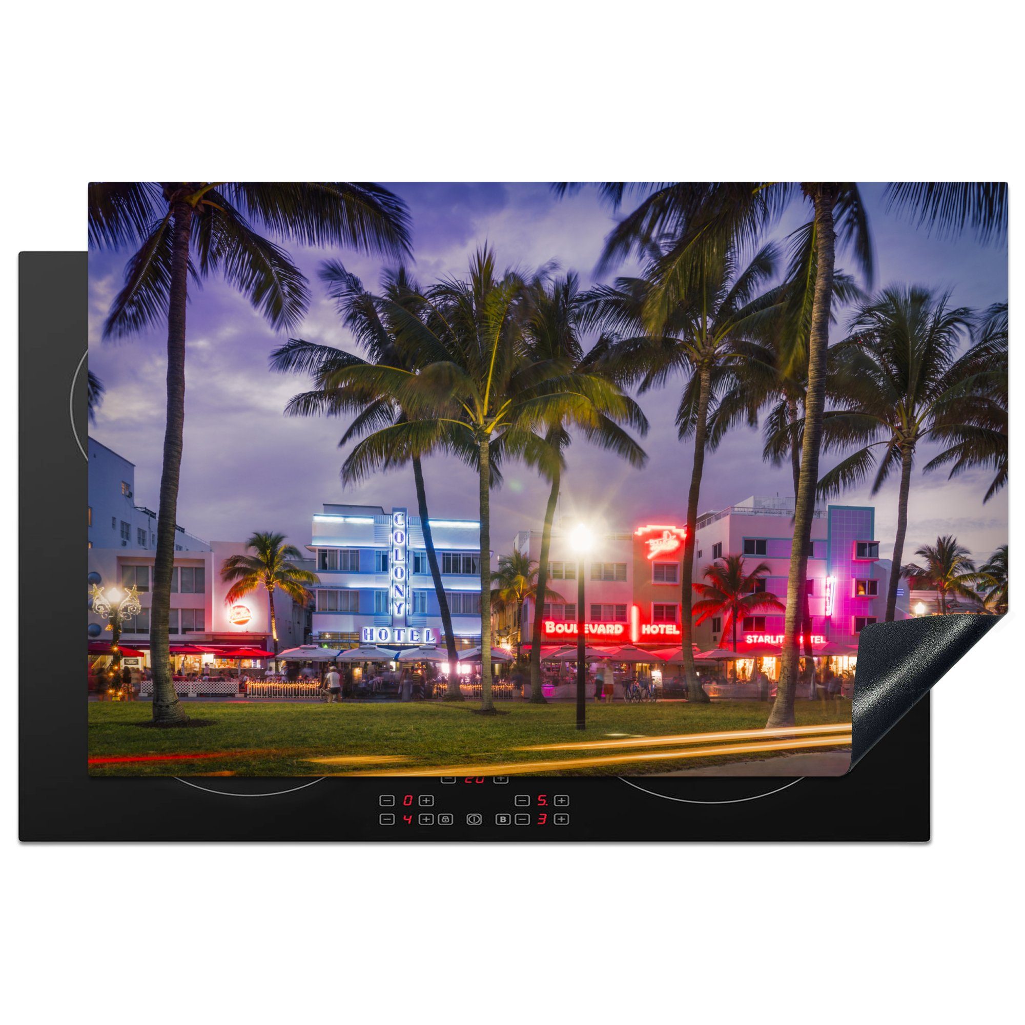 MuchoWow Herdblende-/Abdeckplatte Beleuchteter Ocean Drive in Miami bei Nacht, Vinyl, (1 tlg), 81x52 cm, Induktionskochfeld Schutz für die küche, Ceranfeldabdeckung