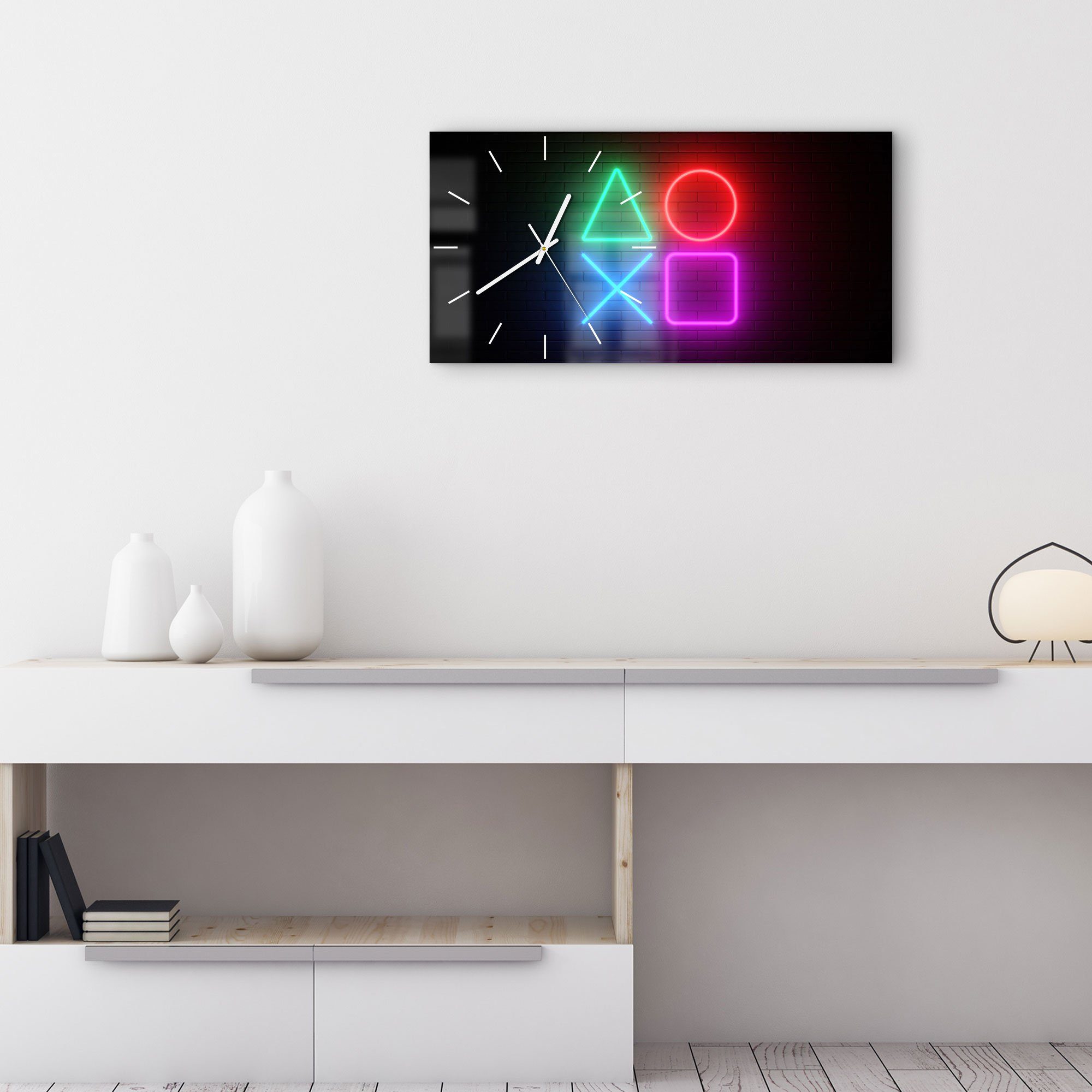 DEQORI Wanduhr 'Playstation Elemente' (Glas Glasuhr modern Wand Uhr Design Küchenuhr)