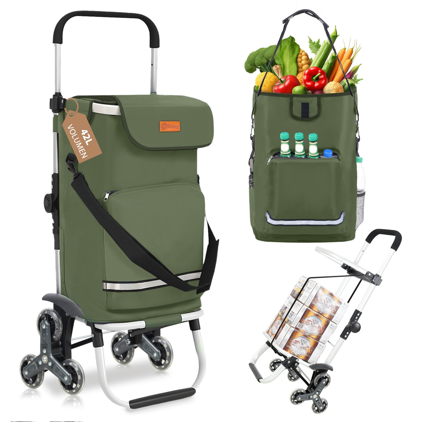 Sekey Einkaufstrolley Klappbarer Einkaufswagen mit Kühlfach, Treppensteiger Trolley 3 in 1, Faltbarer Einkaufswagen inkl. Einkaufschip und Spanngurt