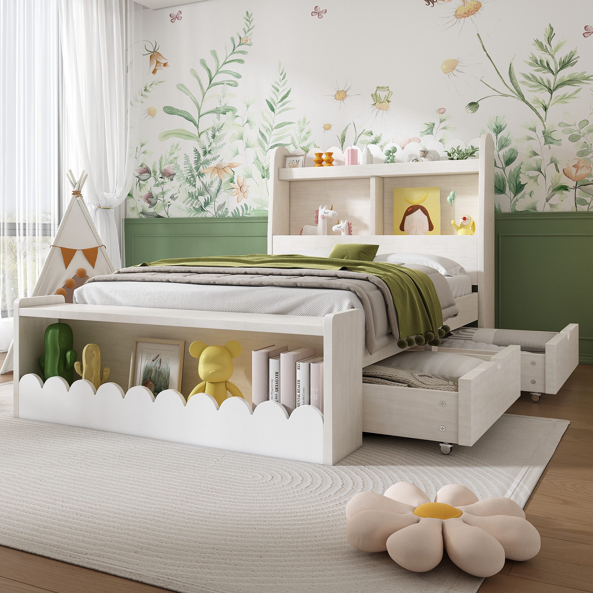 HAUSS SPOLE Kinderbett 90x200 cm mit Schubladen, Regal und Sitzbank mit Stauraum,Weiß (Einzelbett, Stauraumbett, 1-tlg., 90x200 cm, Ohne Matratze), mit Schubladen, Regal und Sitzbank