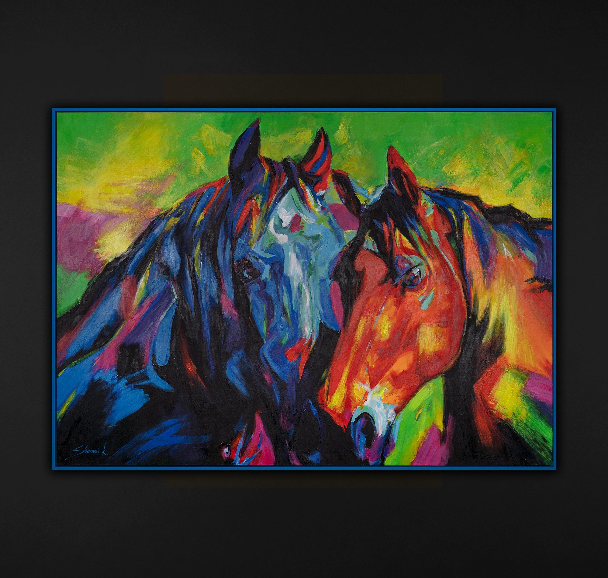 Blau Mit Rahmen Gemälde Mähnen, Tiere Vielfarbige in YS-Art