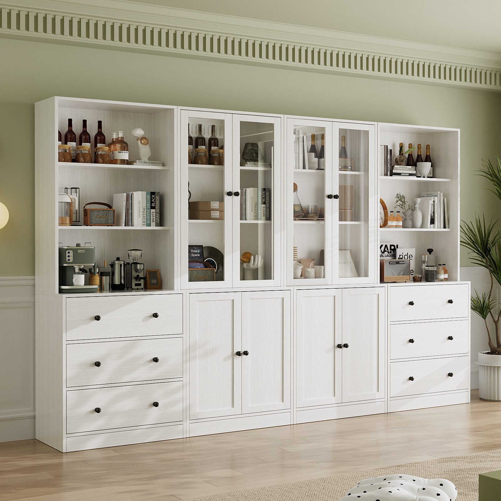 VOWNER Bücherregal 5-stöckiges Bücherregal mit Glastüren, 180 cm Vitrinenschrank, 4-tlg., multifunktionaler Küchenschrank Hochschrank & Buffetschrank