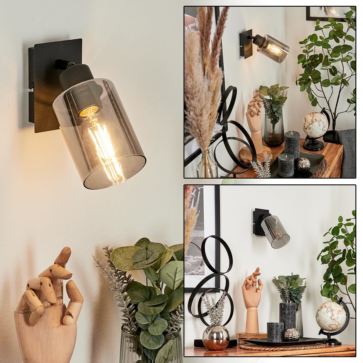 hofstein Wandleuchte »Bovo« moderne Wandlampe aus Metall/Glas in Schwarz/Rauchfarben, ohne Leuchtmittel, Vintage Leuchte mit Schirmen aus Rauchglas (9cm), 1xE27