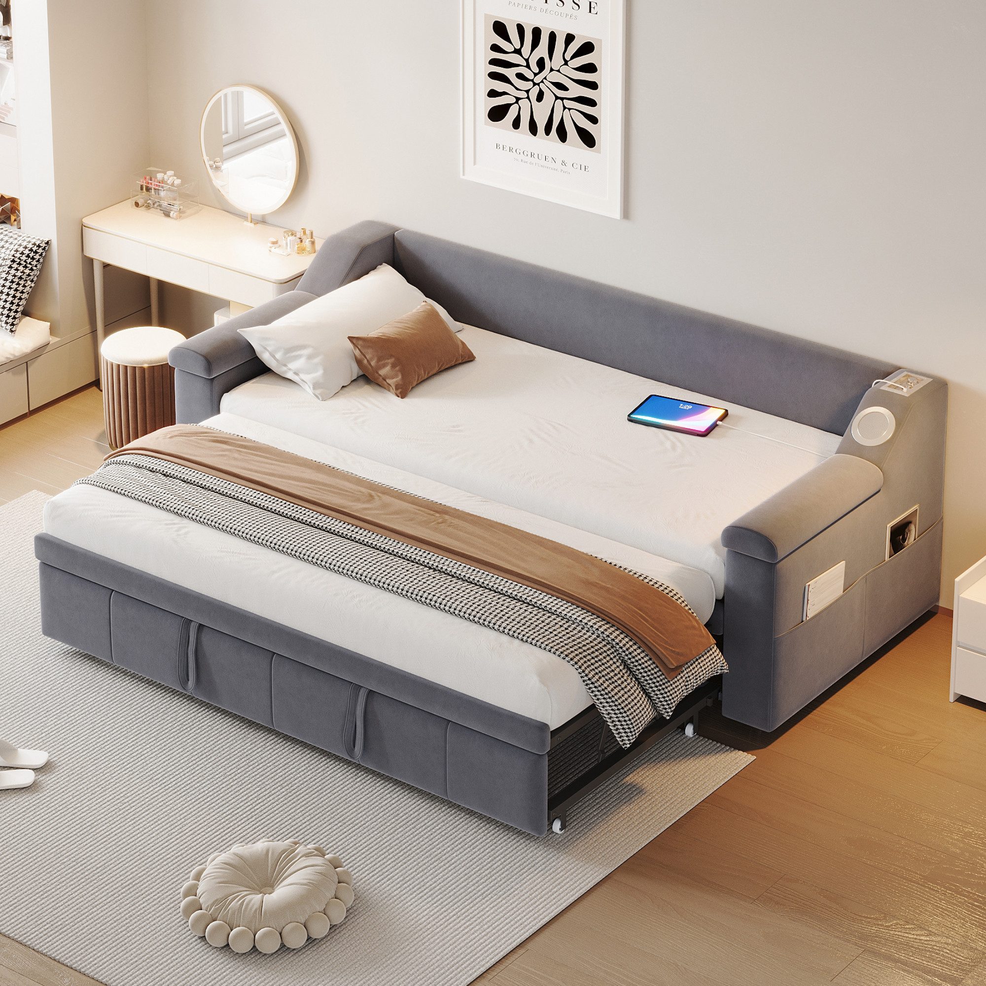 Merax Daybett 90/180x190cm mit Ablagefächern und Ausziehbett (Polsterbett, 1 tlg), Schlafsofa Tagesbett mit Bluetooth-Stereo & USB-Ladeanschluss, Samt