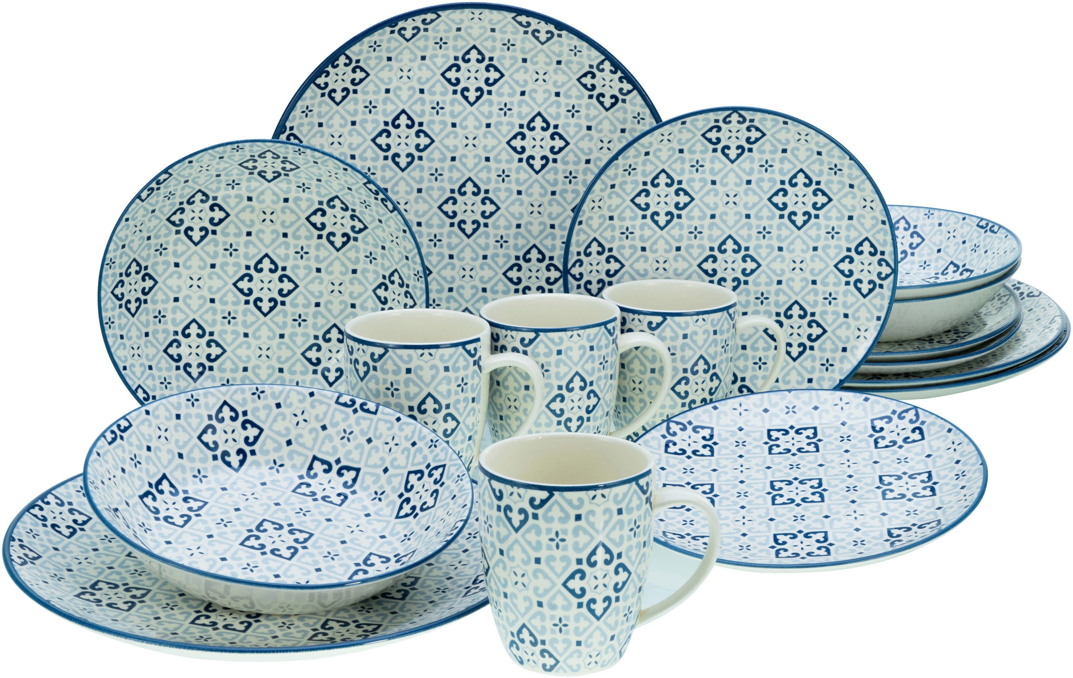 CreaTable Kombiservice Yara Blau, Kombiservice 16-tlg (16-tlg), 4 Personen, Steingut, orientalisch mediterraner Stil