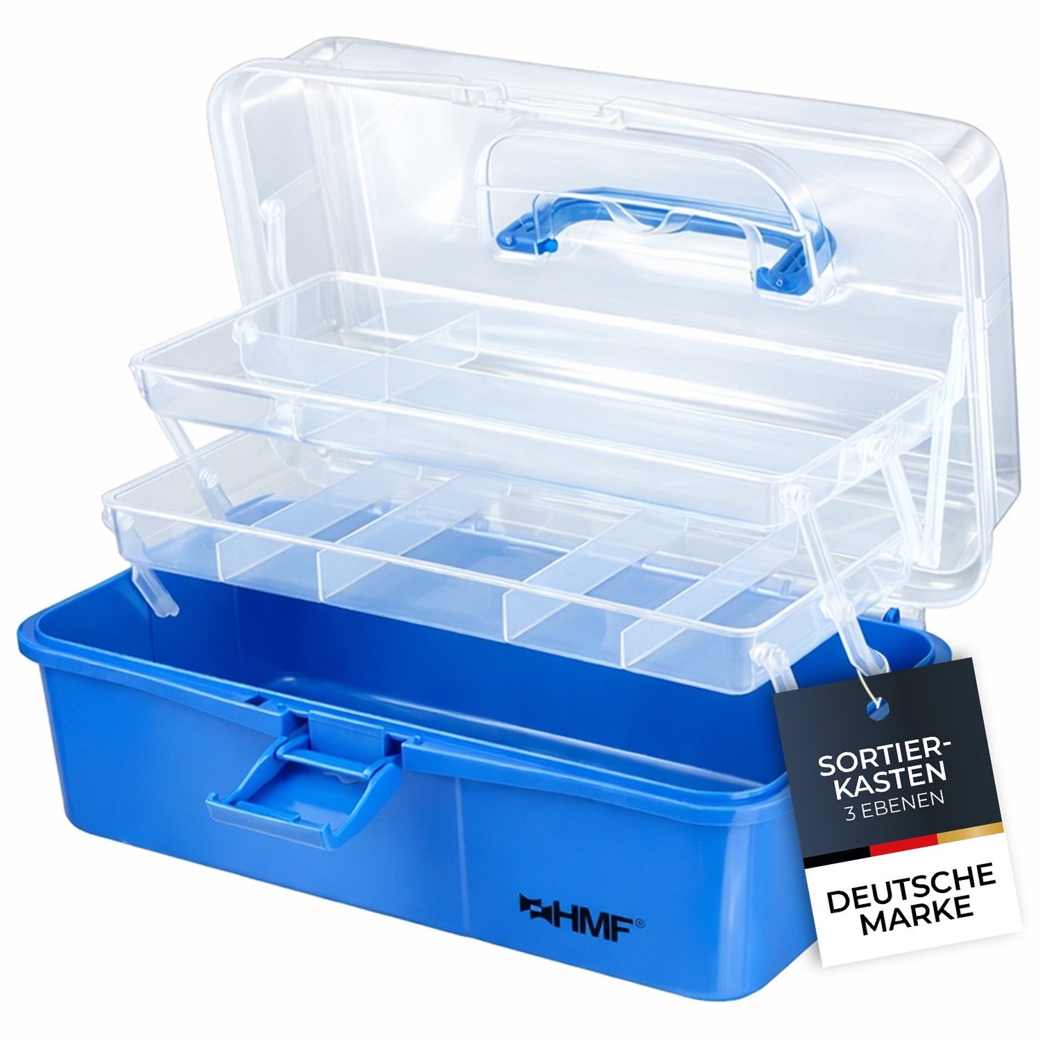 HMF Aufbewahrungsbox Nähkasten aufklappbar mit 3 Ebenen, Sortierbox mit 8 Fächern für, Kleinteile, 33 x 20 x 15 cm, Blau