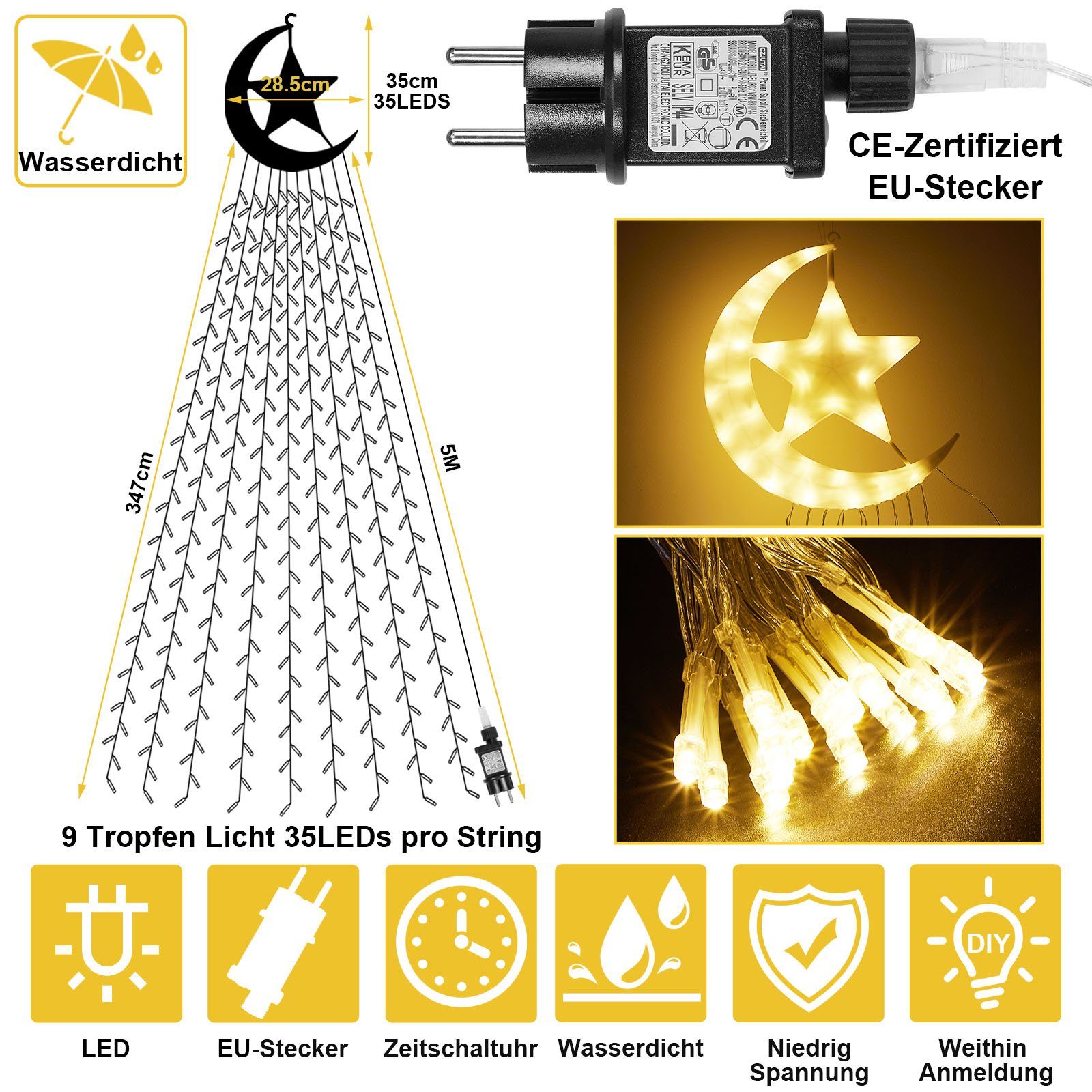 und Warmweiß IP44 Memory MUPOO & Lichterkette,31V,350LED Lichterkette, LED-Lichtervorhang Modi Funktion,8 LED-Lichtervorhang,Party Timer Wasserdicht