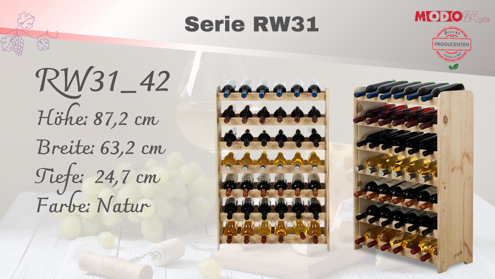 Modo24 Weinregal Flaschenregal Holzregal Flaschenständer Varianten 9 bis 91 Flaschen, (RW31) Getränkeregal, 3 Farben, FSC Holz Nachhaltig