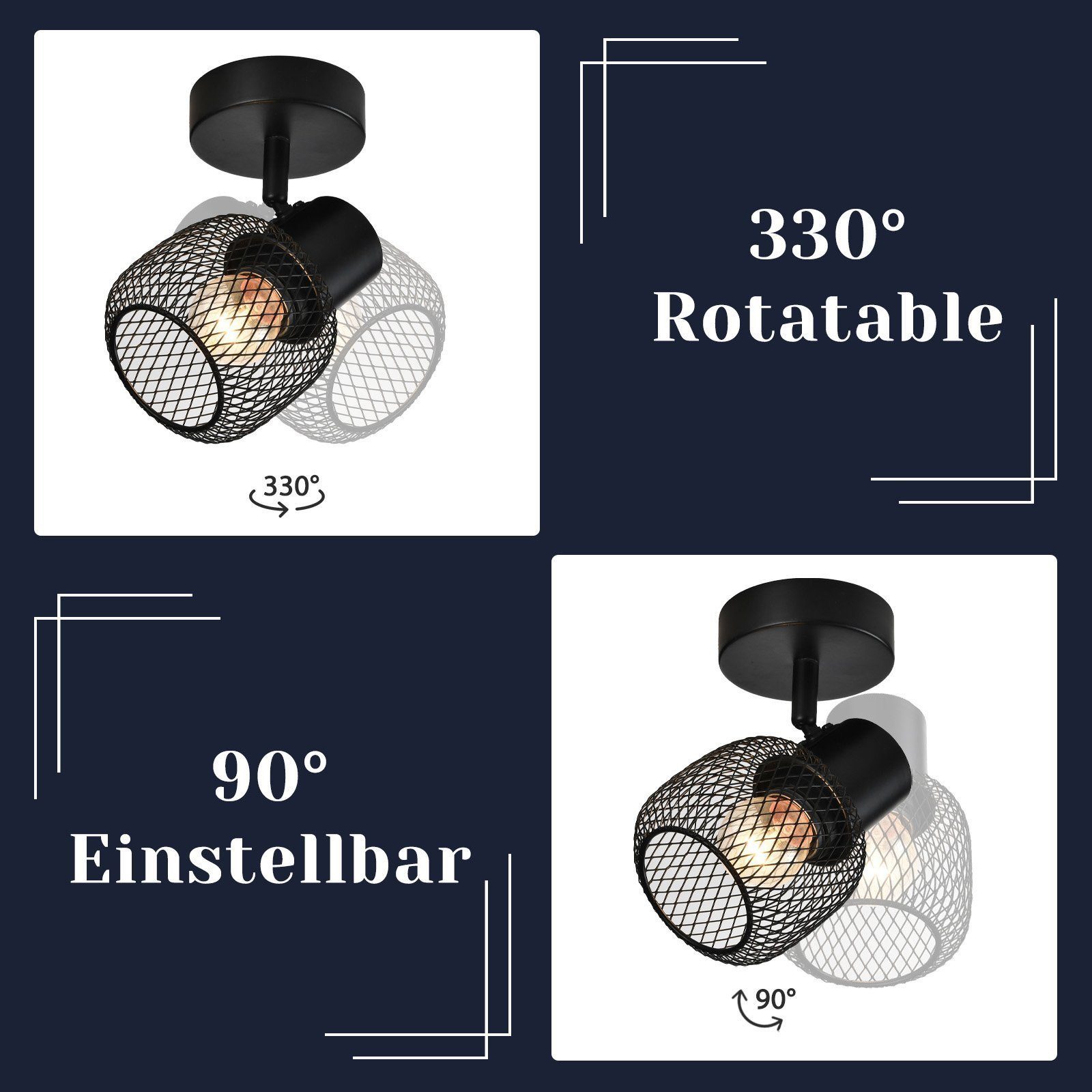 Nettlife Wandstrahler Schwarz Metall Vintage Schwenkbar 330°, Schwenkbar 330°, LED wechselbar, Küche Kinderzimmer Wohnzimmer Schlafzimmer