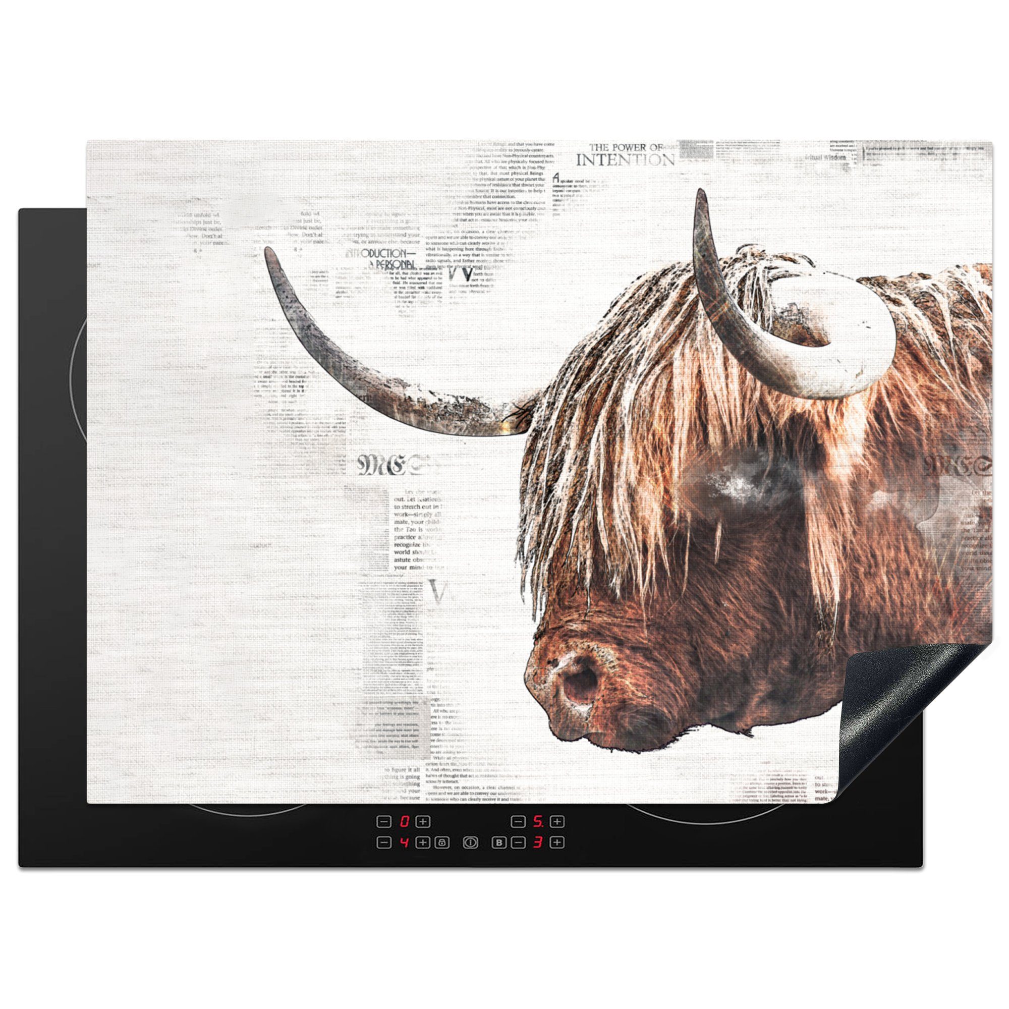 MuchoWow Herdblende-/Abdeckplatte Schottischer Highlander - Tiere - Bleistift, Vinyl, (1 tlg), 71x52 cm, Induktionskochfeld Schutz für die küche, Ceranfeldabdeckung