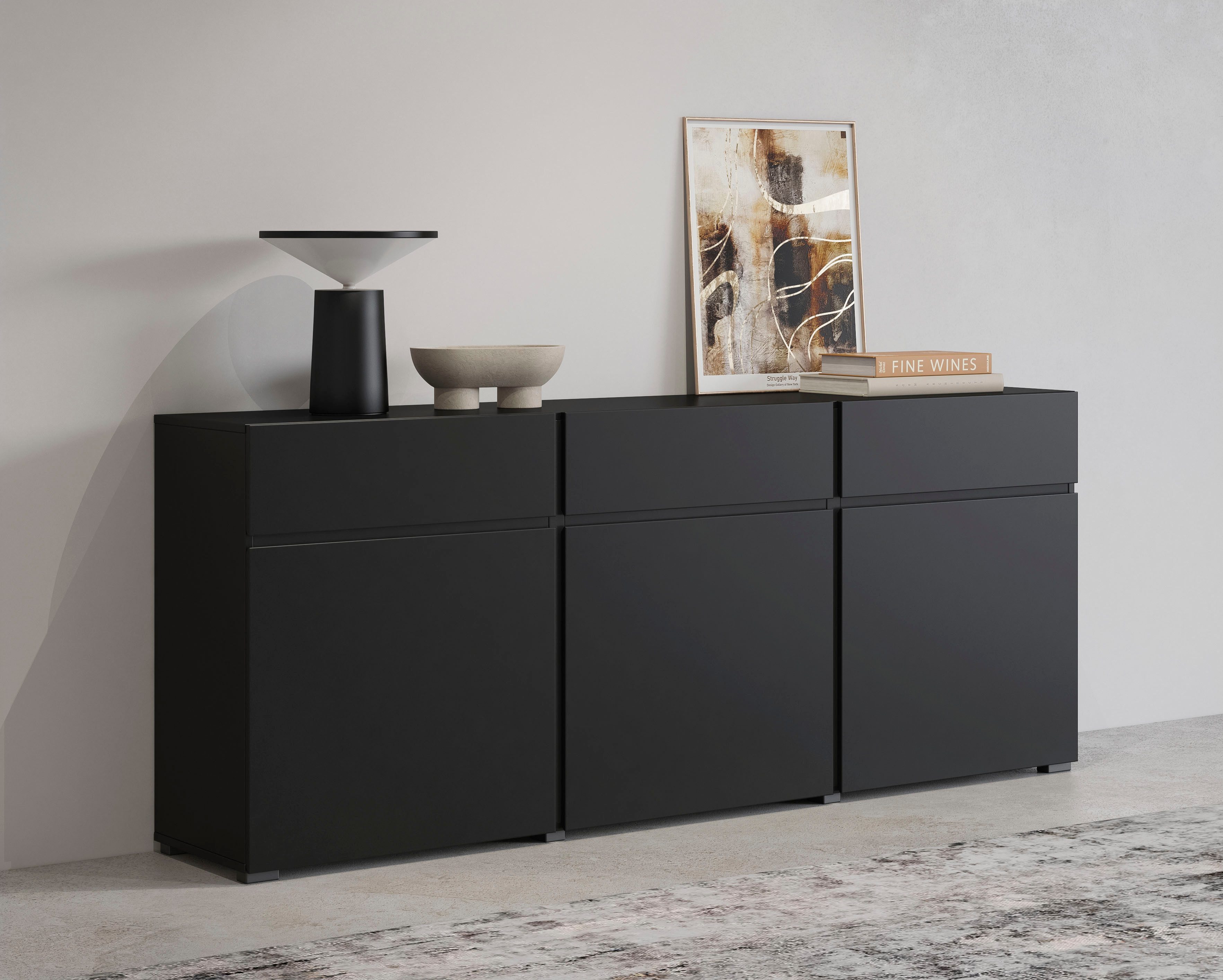 OTTO home Kommode Cross,Breite 180 cm, moderne grifflose Kommode,3 Türen/3 Schubkästen, Schubladenschrank mit viel Stauraum, Einlegeböden verstellbar