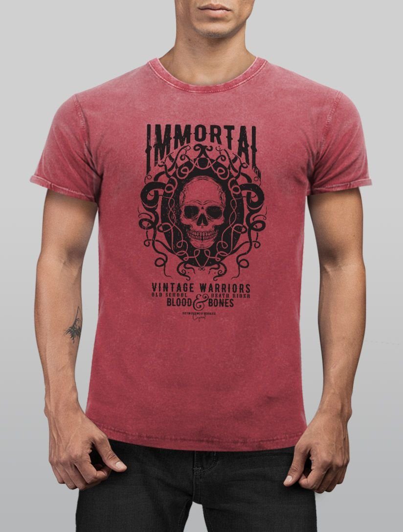 Slim Vintage Vintage Totenkopf rot Print-Shirt Look Printshirt T-Shirt Warriors Neverless Aufdruck Immortal Used Print Shirt Neverless® Herren Skull Fit mit