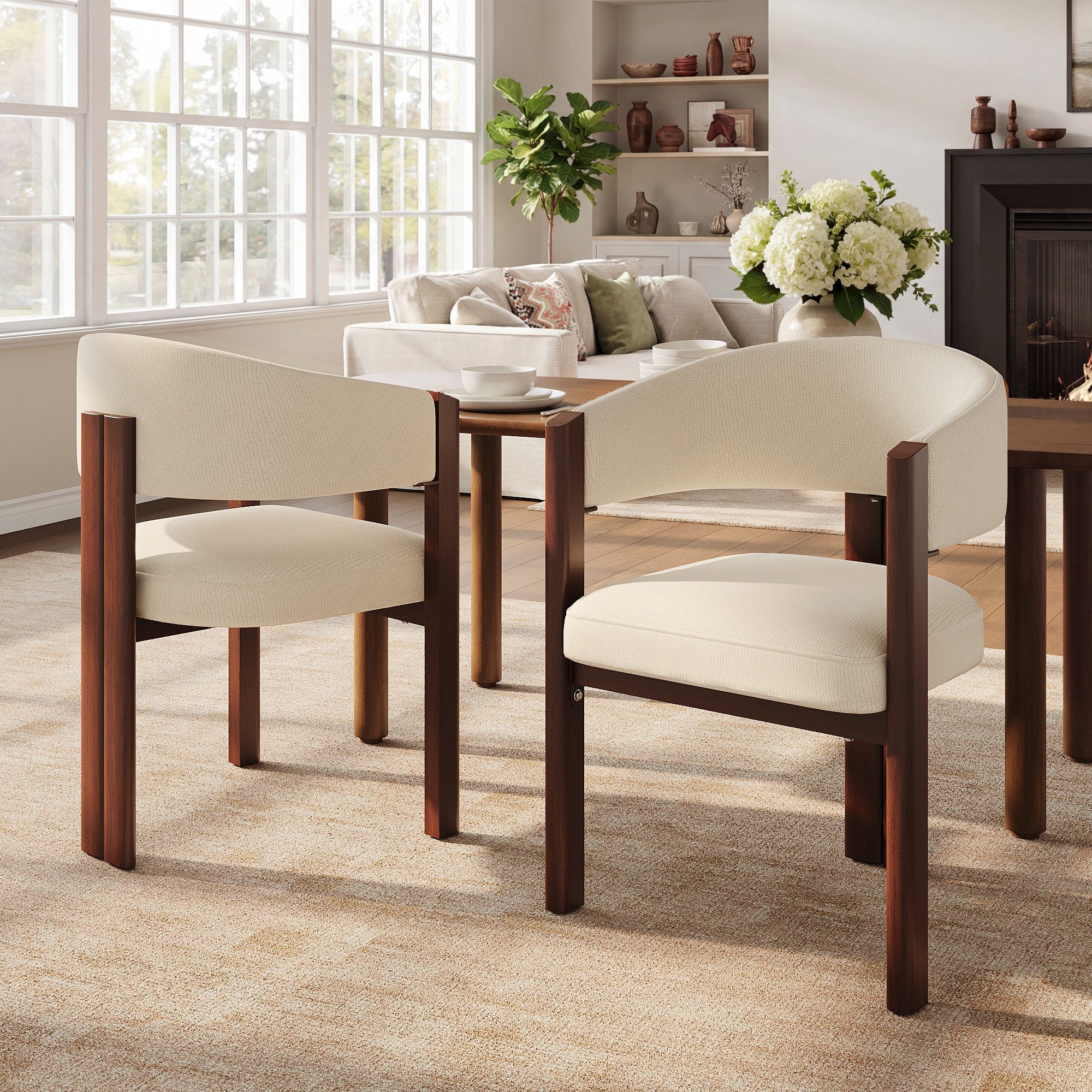 HAUSS SPOLE Esszimmerstuhl 2-tlg mit Lendenstütze,Küchenstuhl mit Rückenlehne,Beige+Walnuss (Relaxsessel mit Holzmuster-Druck), Polstersessel mit höhenverstellbaren Füßen für Esszimmer