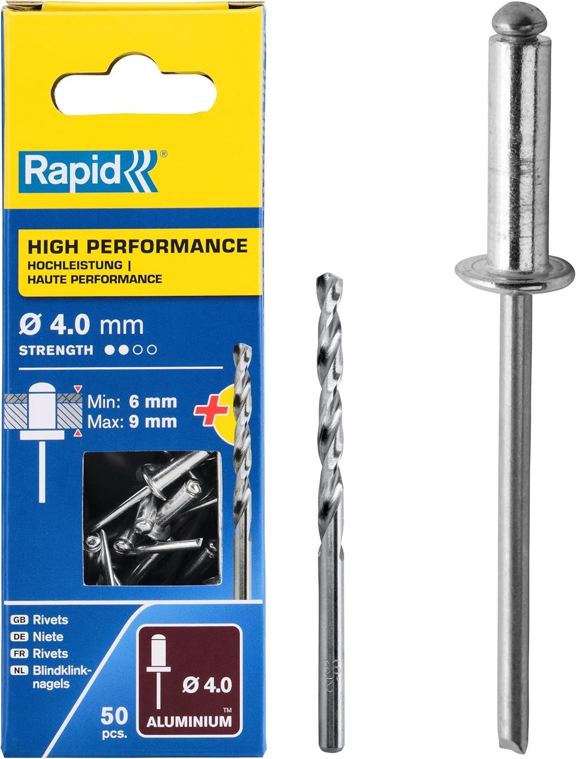 Rapid Niete Rapid Blindnieten Aluminium 4 mm 6 bis 9 mm Klemmbereich 50 Stück, 4mm Nieten 9mm Stk