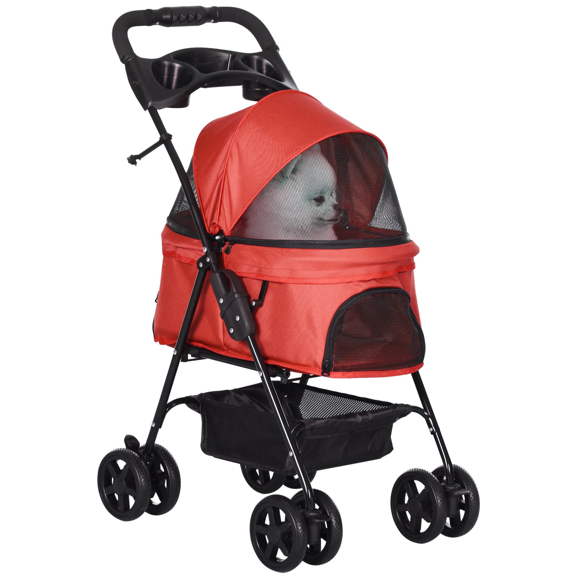 PawHut Hundebuggy Hundewagen klappbar bis 4 kg Katzenbuggy mit Netzfenster, (Haustierwagen, 1-tlg), für kleine Hunde und Katzen, Oxford Rot 67 x 45 x 96 cm