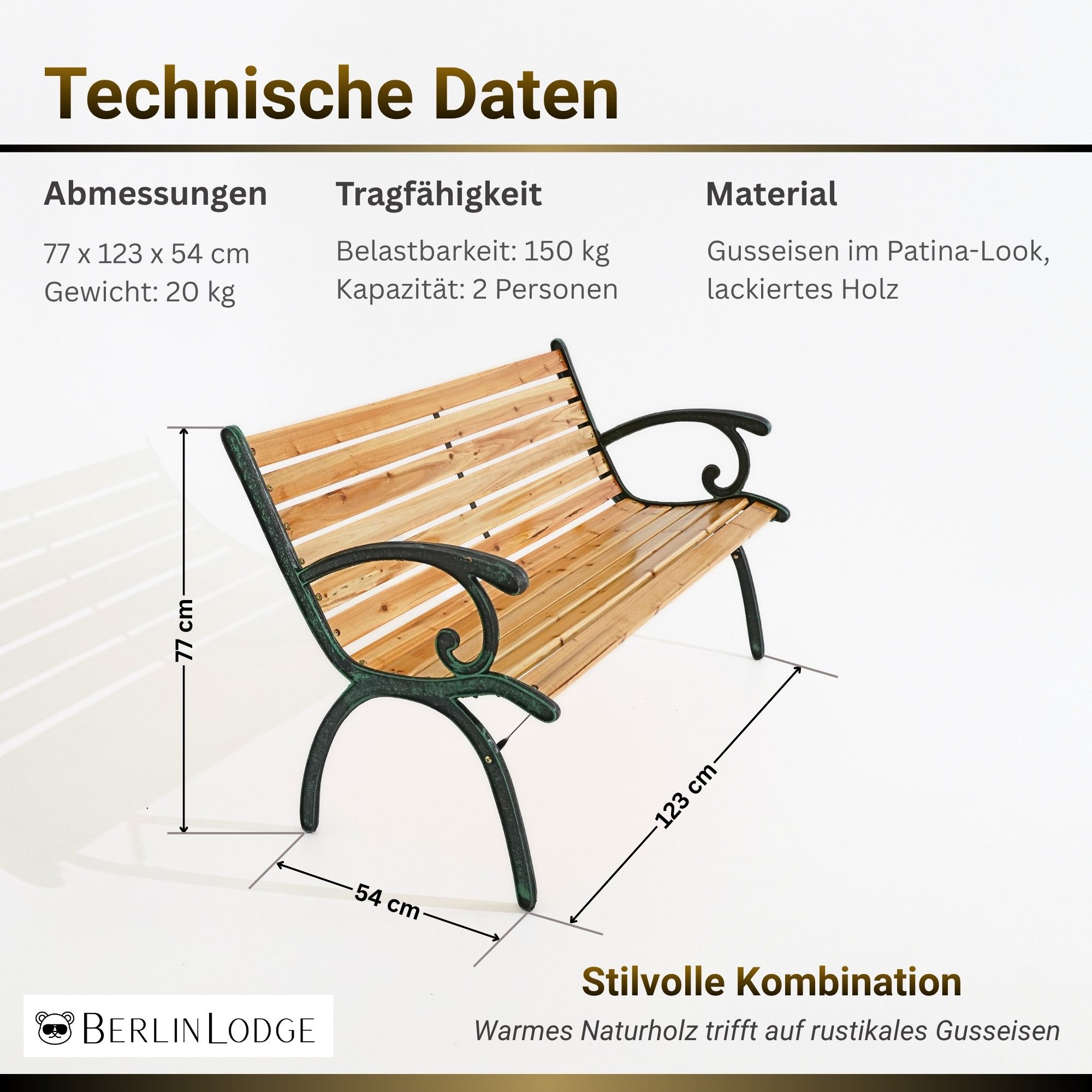 PROREGAL® Gartenbank MADEIRA Holz Gusseisen 2-Sitzer wetterfest rustikal 77x123x54cm Natur, Balkonbank Holzbank Wintergarten Gartenmöbel Sitzbank Parkbank – Bild 3 von 5