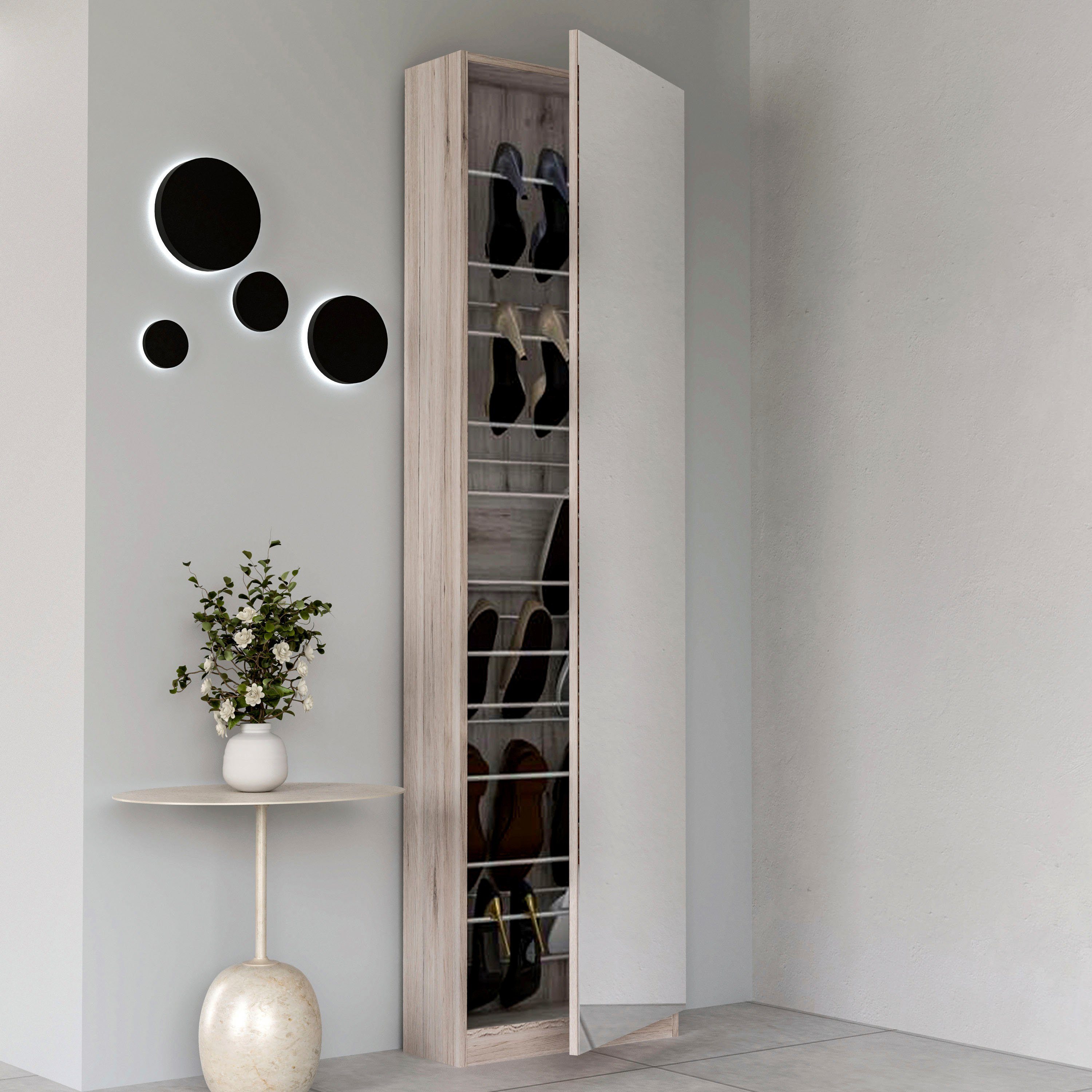 FORTE Schuhschrank Calma Schuhschrank, Spiegeltüre, 12 Paar Schuhe, Türanschlag wählbar (B/H/T : 50/179,7/20 cm) Schuhschrank mit Spiegeltüre, 180cm hoch, 12 Pa – Bild 4 von 5