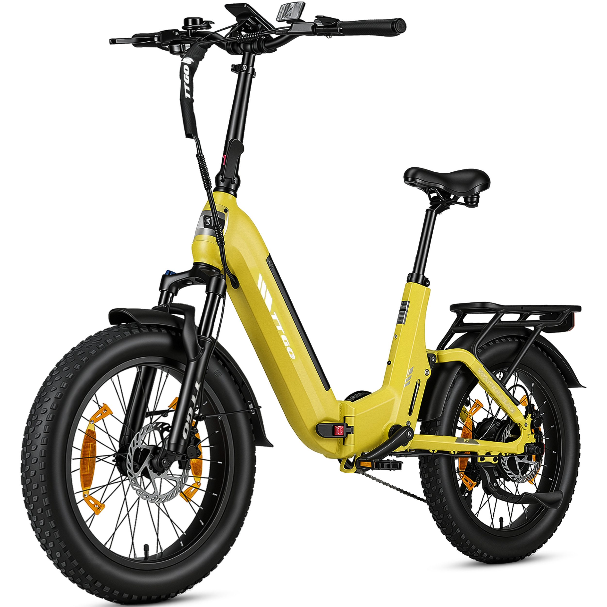 TTGO E-Bike Klapprad 20 Zoll, Fully, Vollfederung, 48V 720Wh, bis zu 150km, 150kg belastbar, 7 Gang SHIMANO, Kettenschaltung, Heckmotor, 720 Wh, (Faltrad, Softtail, hydr. Scheibenbremse, mit Bremslicht), Drehmomentsensor, Lockout-Federgabel, Elektrofahrra