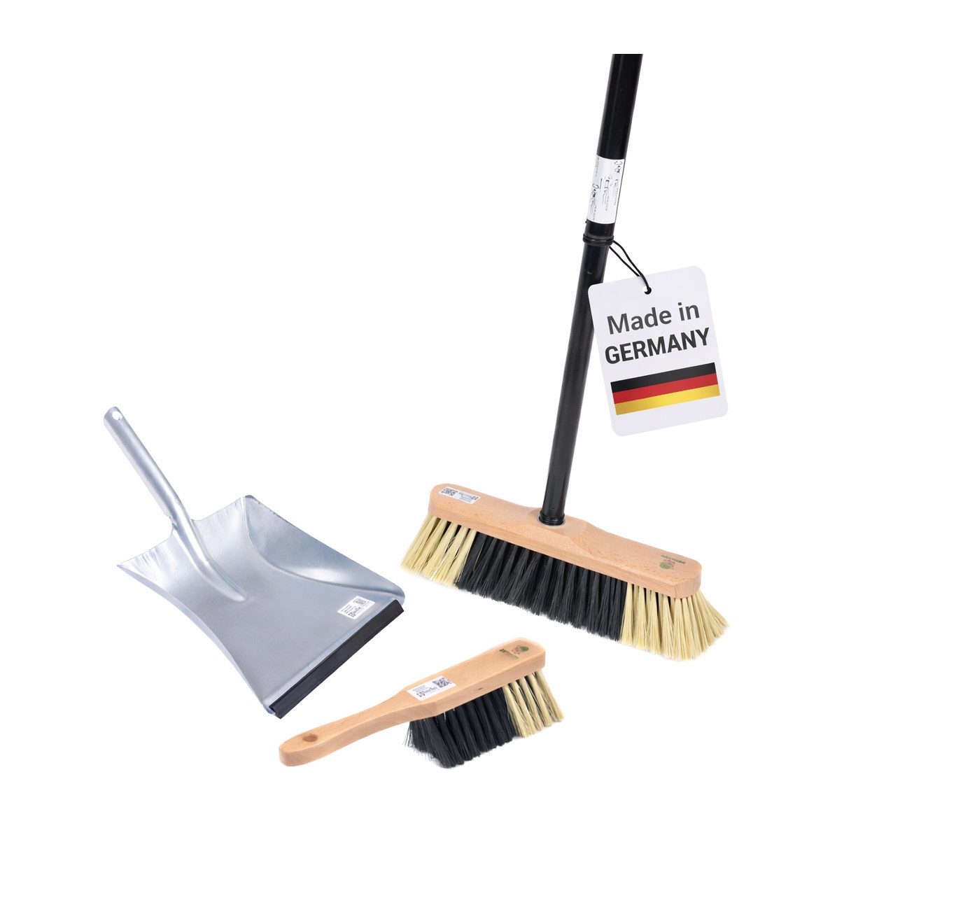BawiTec Kehrgarnitur Zimmerbesen Kehrgarnitur Besen Set Kehrset Handfeger Kehrschaufel, Fliesen, Laminat, Vinylböden, PVC-Böden, Steinzeug-Böden, Parkett, Betonböden, (Komplett-Set, 4-teilig), Komplett-Set