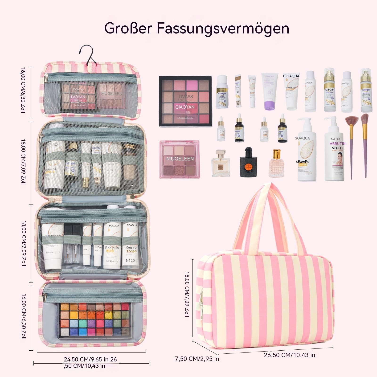 Zyronn Kulturbeutel Reise Kulturtasche Damen, Wasserabweisende Kulturbeutel mit Nassfach, Stilvolle, gestreifte Kosmetiktasche mit Haken – Bild 4 von 5
