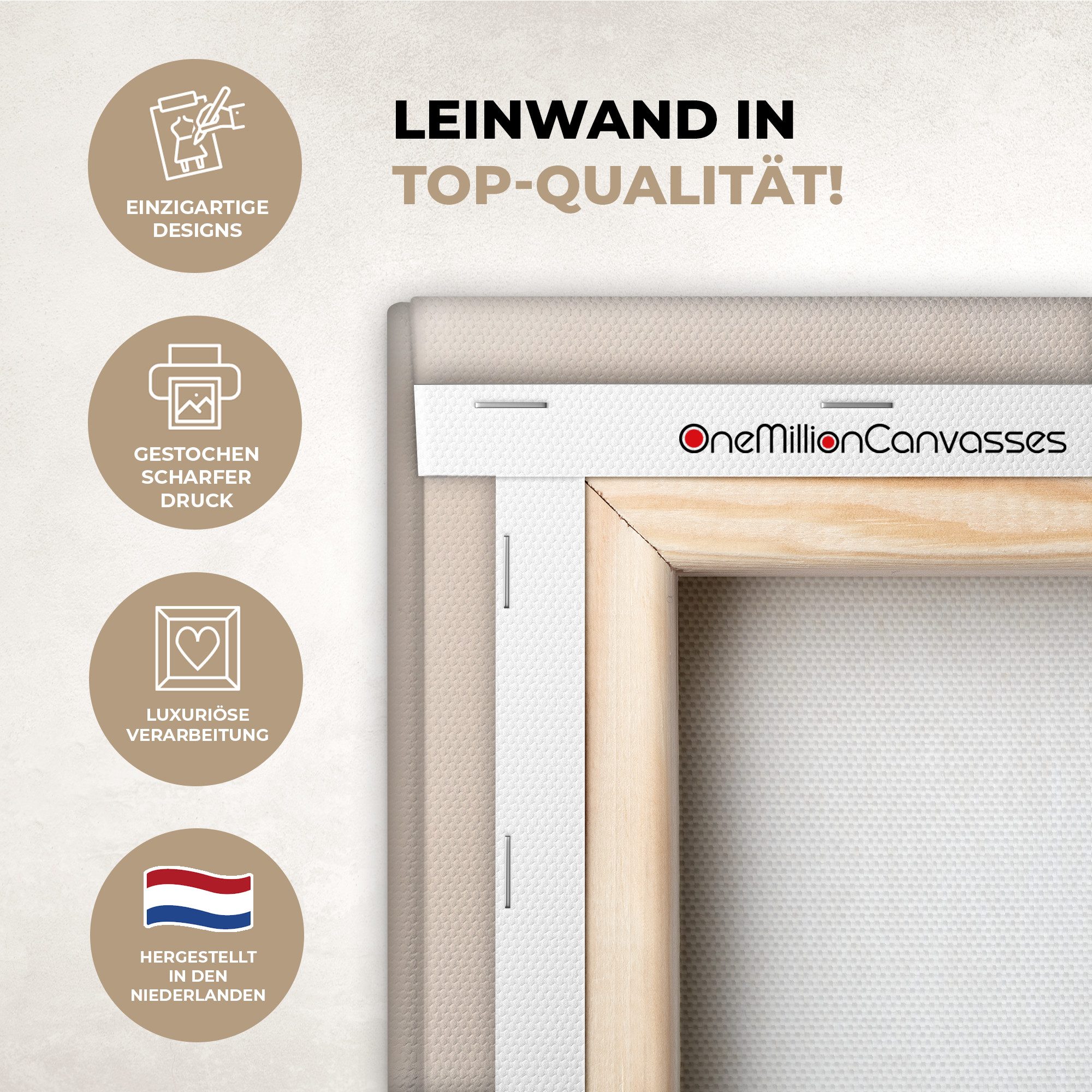 OneMillionCanvasses® Leinwandbild Zweig - Blätter - Minimalistisch - Beige, Fotodruck (1 St), Leinwand Bilder Klein, Wand Dekoration Aesthetic 30x20 cm