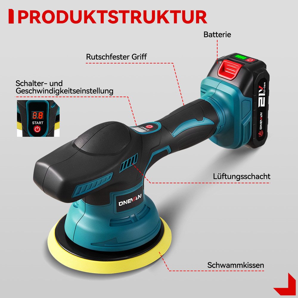 ONEVAN Cordless Polisher 150 mm Eccentric with 8 Variable Speeds up to 7800 rpm, 2500 min. rpm, 7800 max. rpm, Ø 150 mm, (with 2 batteries), for professional car detailing and effective scratch removal