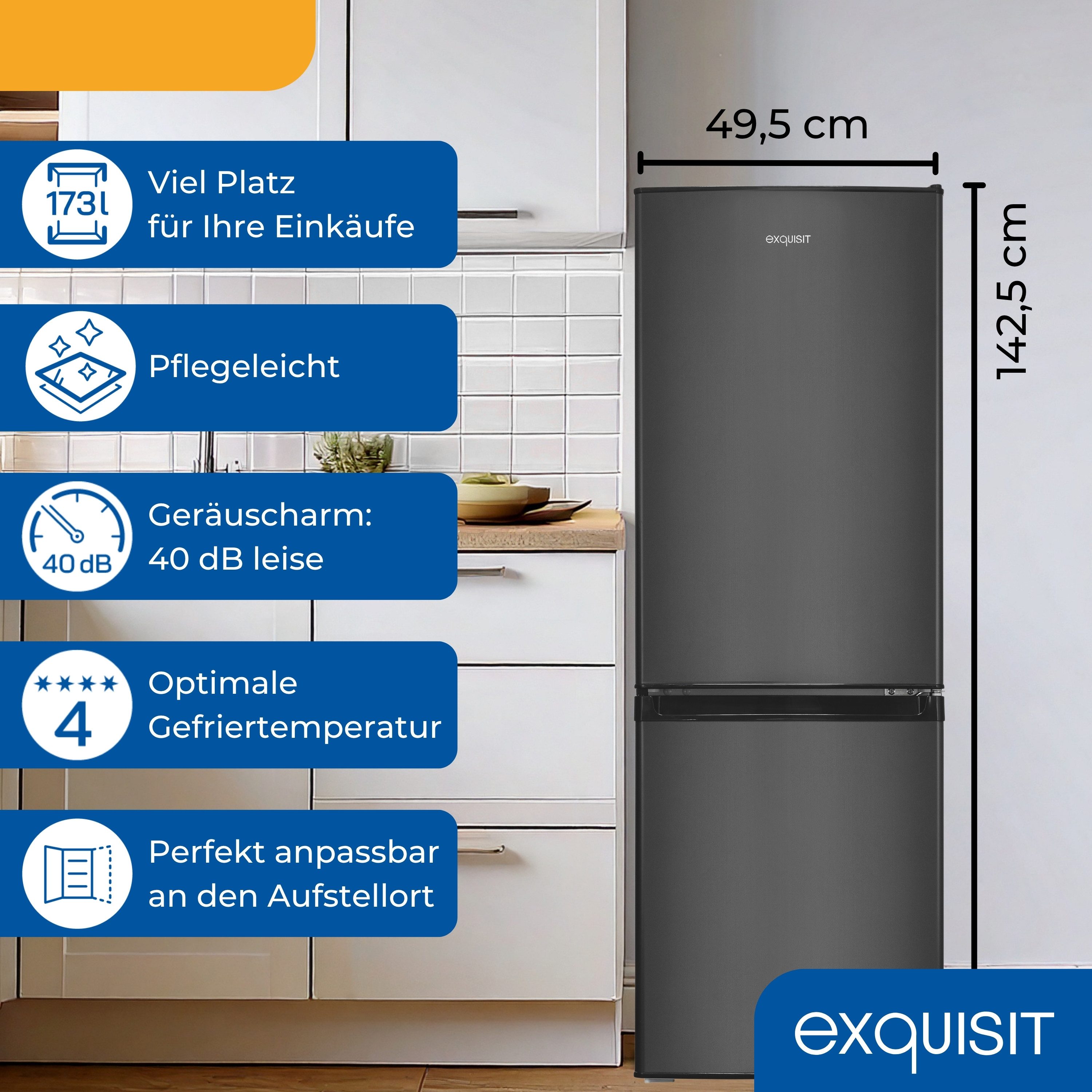 exquisit Kühl-/Gefrierkombination KGC5232-60-E-040C, 142.5 cm hoch, 49.5 cm breit, LED-Licht, 4-Sterne-Leistung, Elektronische Temperaturregelung