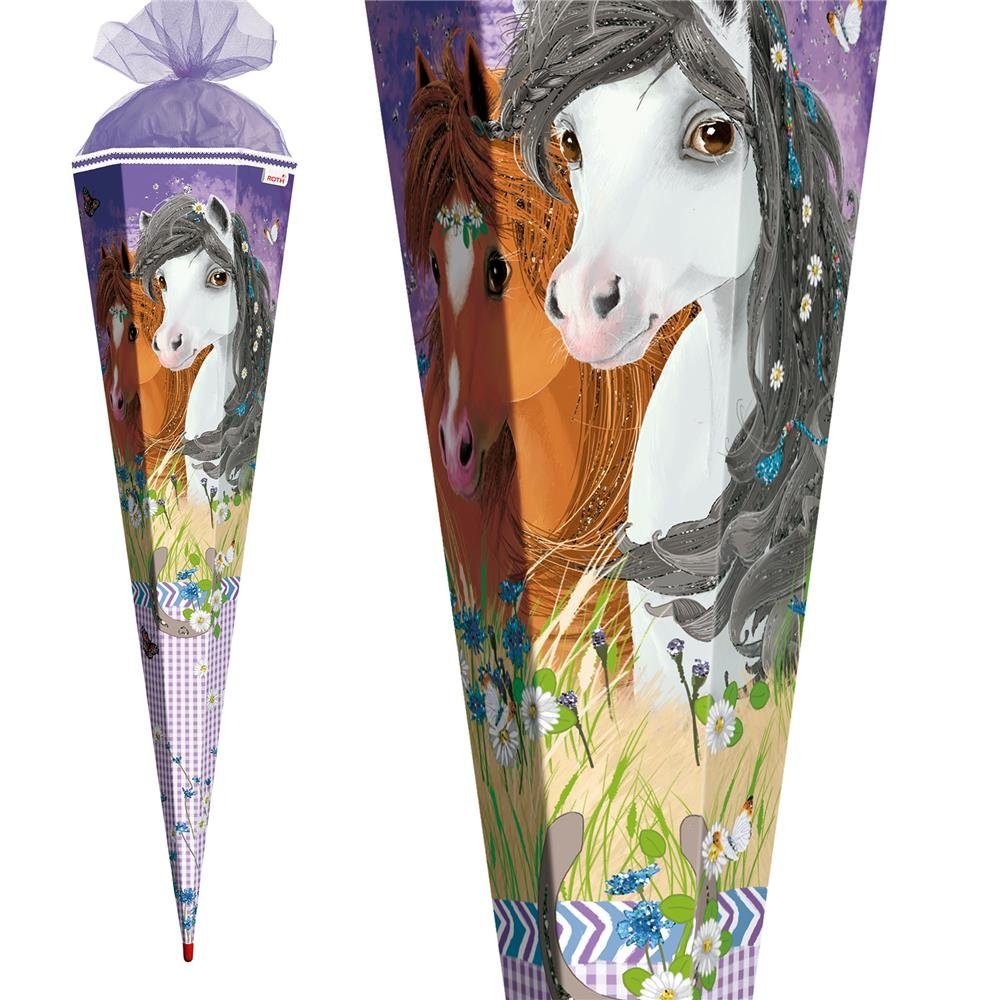 Roth Schultüte Blumenpferde mit Glitter, 85 cm, eckig, lilafarbiger Tüllverschluss, Zuckertüte für Schulanfang
