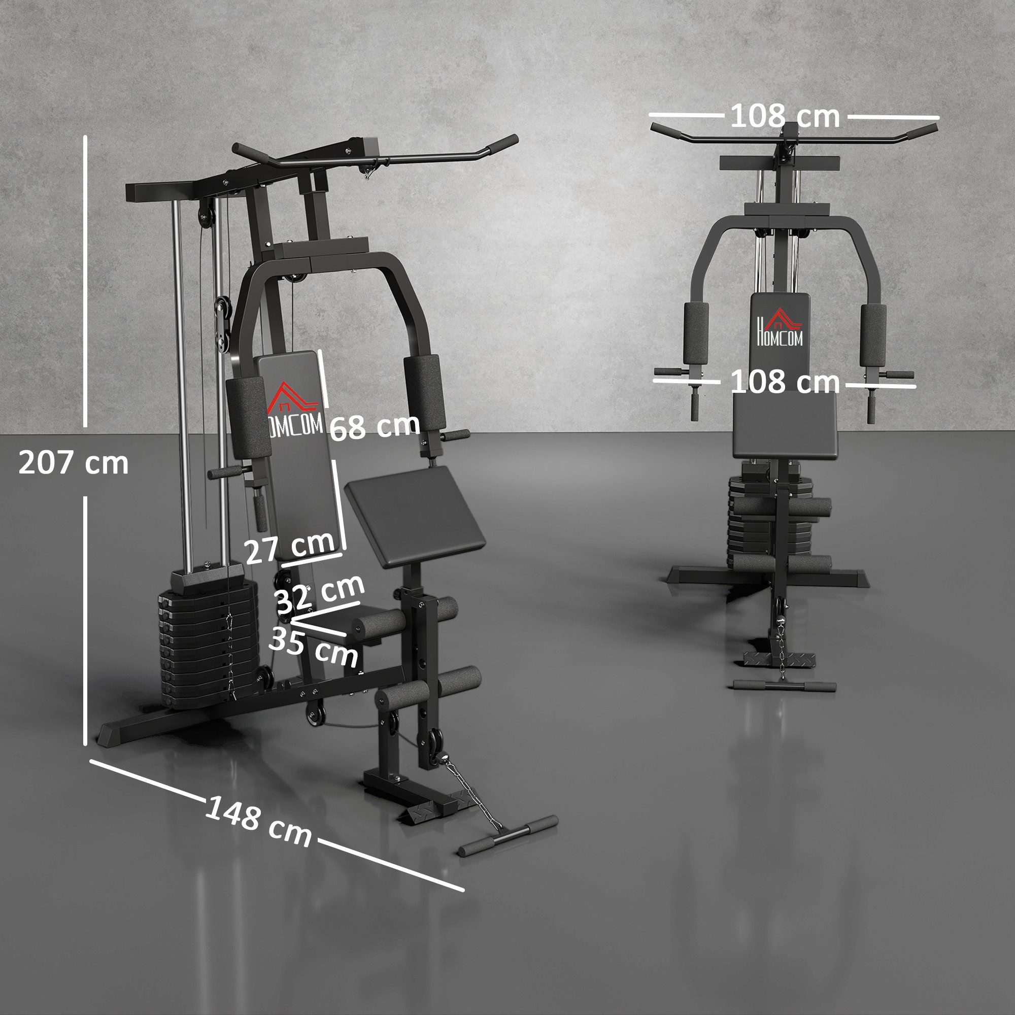HOMCOM Kraftstation Fitnessstation Multigym Fitnesscenter Fitnessgerät, 10 Gewichtsblöcke (inkl. Gewichten mit Rollenpolsterung, 1-tlg., Stahl), Schwarz 148cm x 108cm x 207cm
