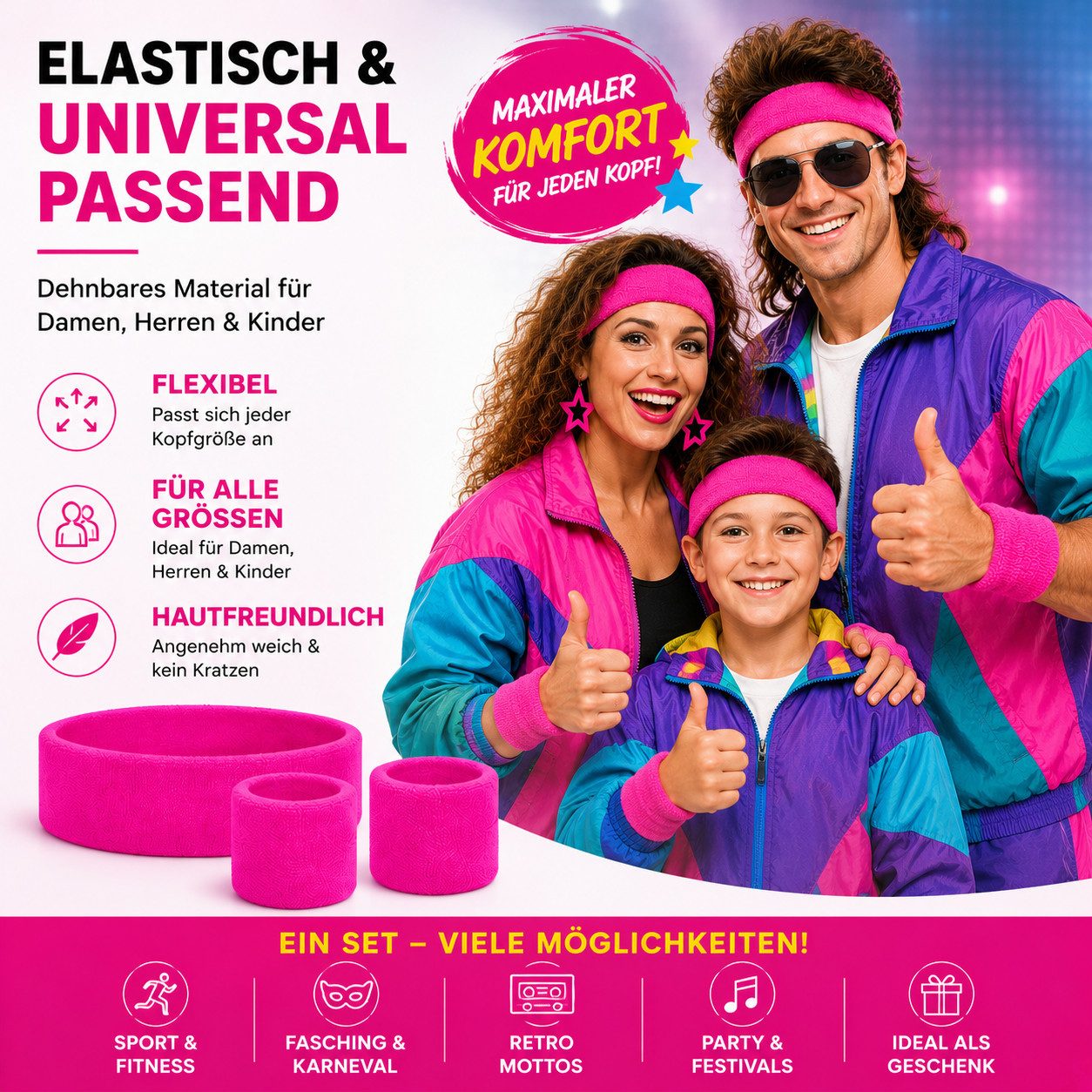 FASCHINFEVER Kostüm Schweißband Set - 3 in1- pink Set mit Stirnband - als Accessoire