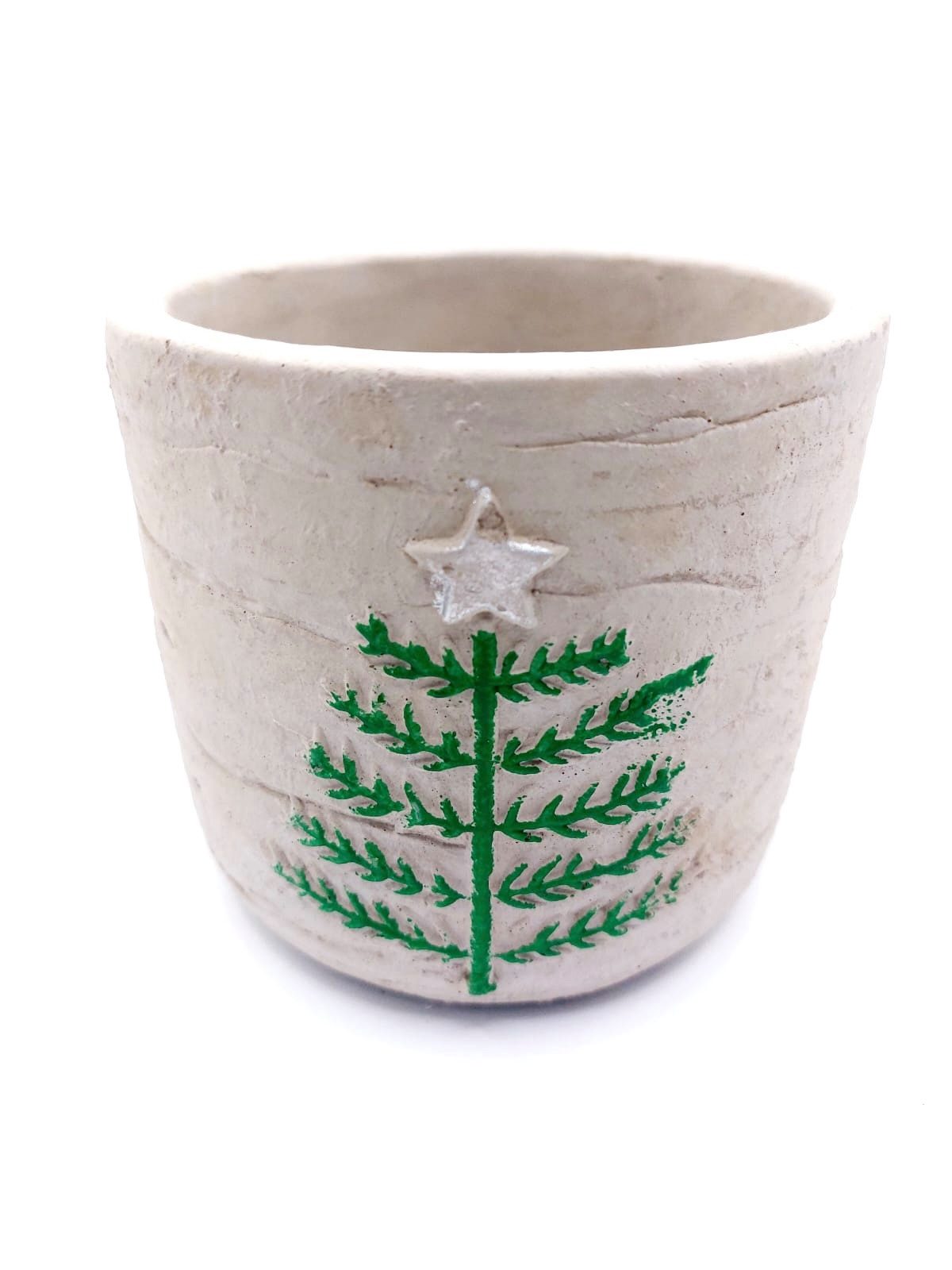 Vosteen Christbaumständer Übertopf handgearbeitet mit Tannenbaum Motiv, Weihnachtsdeko (Winter Dekoration, grüne Fichte), Betontopf für ein Mini Tannenbaum oder Weihnachtsstern