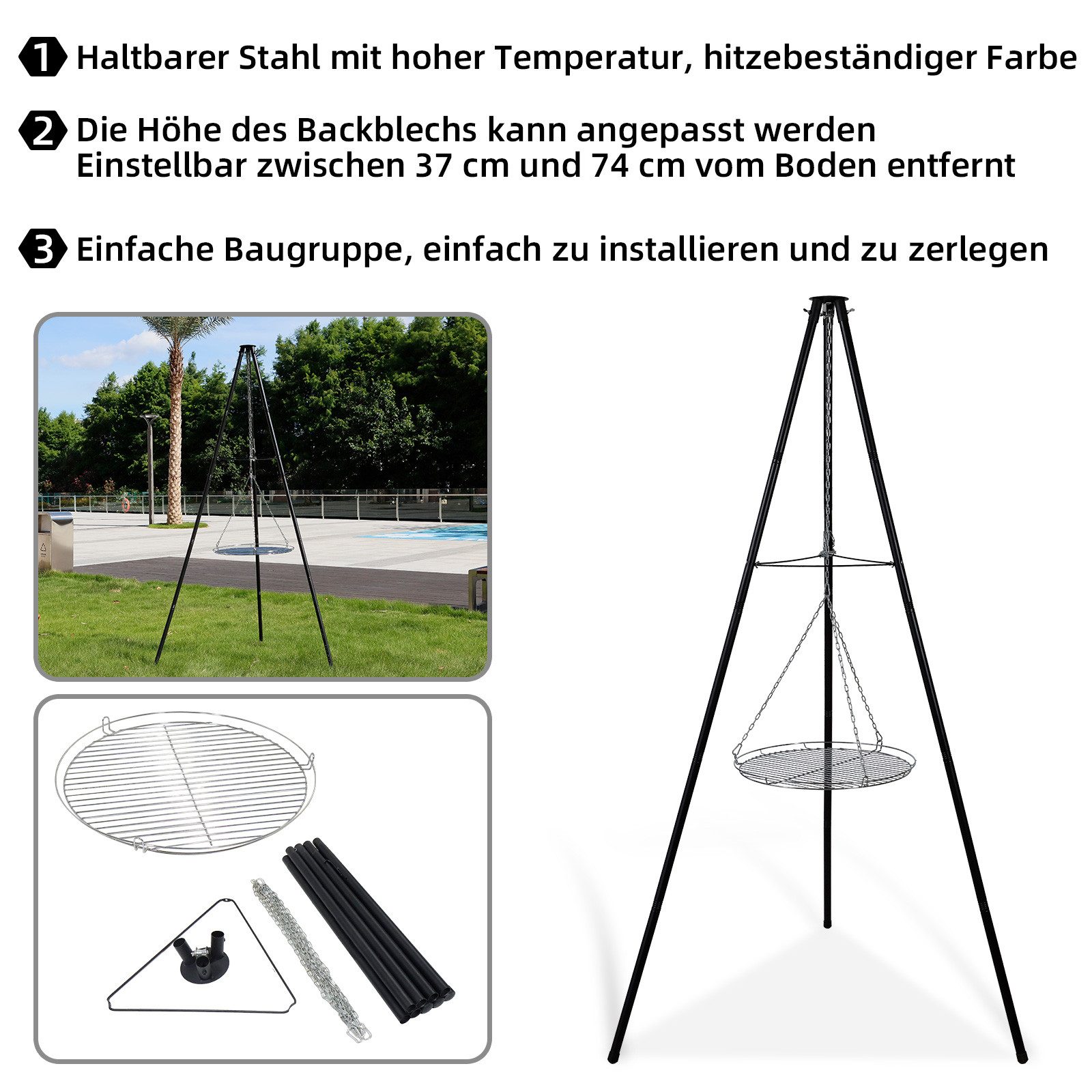 CCLIFE Grillschale Schwenkgrill Grillrost Holzkohlegrill Dreibein Feuertopf Camping, Eisen, speichert die Hitze gleichmäßig und über einen langen Zeitraum. – Bild 3 von 5