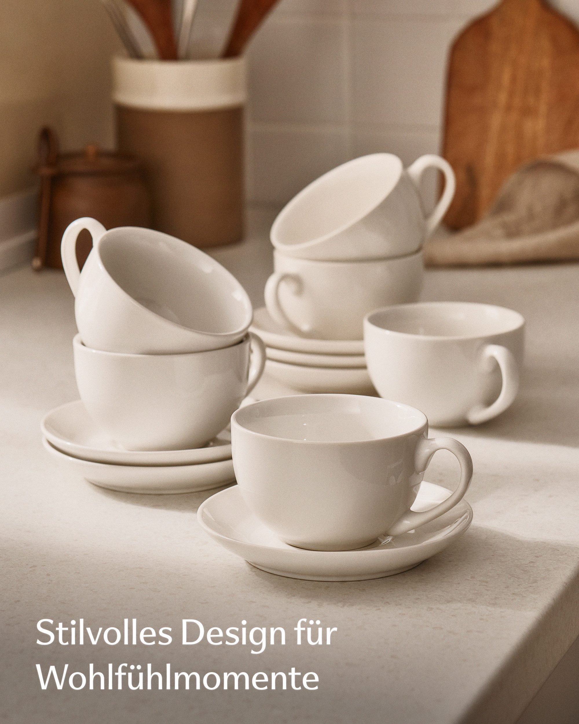 Cosumy Cappuccinotasse Cappuccino Tassen Set 6er mit Untertassen – Kaffeetassen Keramik 180ml, 6-tlg., Keramik, Mit Untertassen - Hält Lange warm - Spülmaschinenfest - 180ml