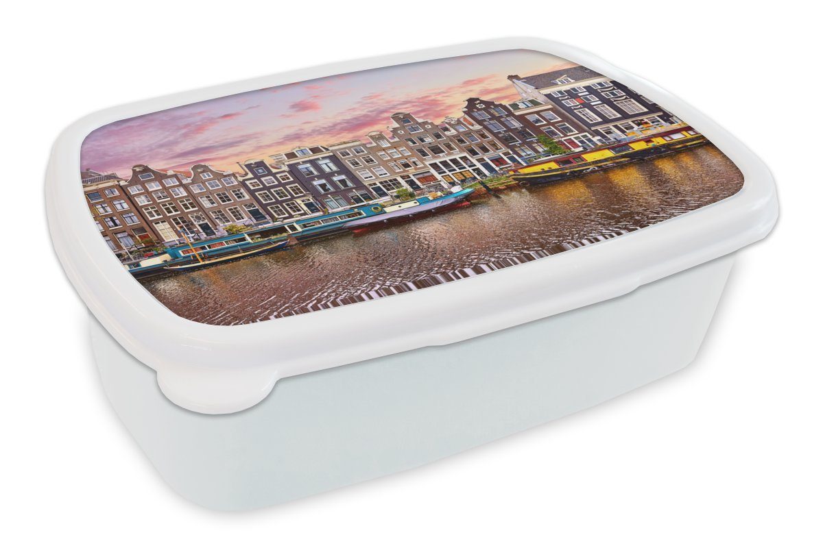 MuchoWow Lunchbox Amsterdam - Häuser für für Erwachsene, und Brotbox Brotdose, Mädchen Grachten, Kunststoff, Jungs Kinder und weiß (2-tlg), 
