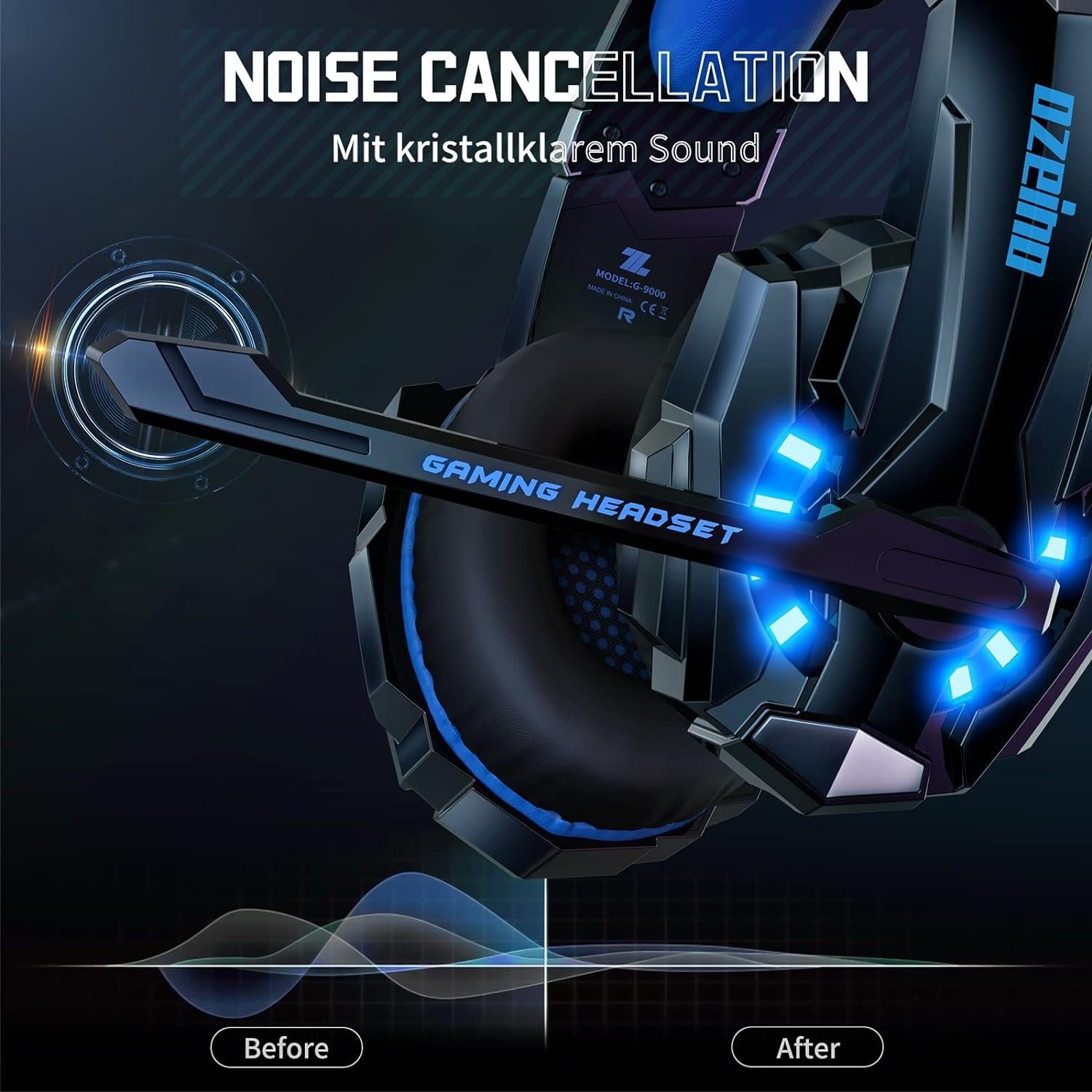 ozeino Gaming-Headset (In den Surround Sound Mit Metallplatte Mit 3D Noise Kopfhörer Kabel, LED) rostfreiem aus Cancelling Mikrofon eingelassene with Stahl, Kopfbügel