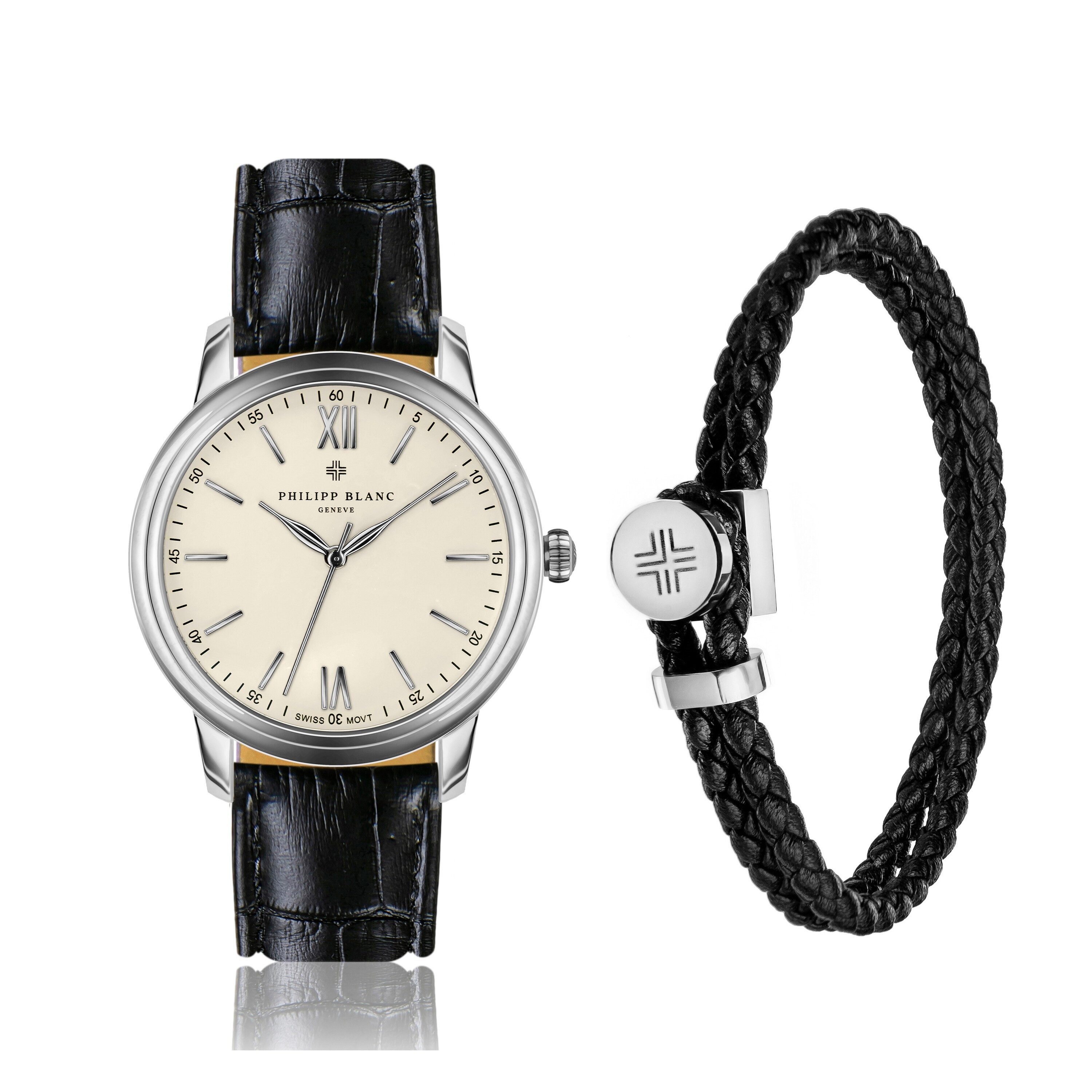 PHILIPP BLANC Quarzuhr SPB1-1 Genf-Set aus schwarzem Krokodilleder