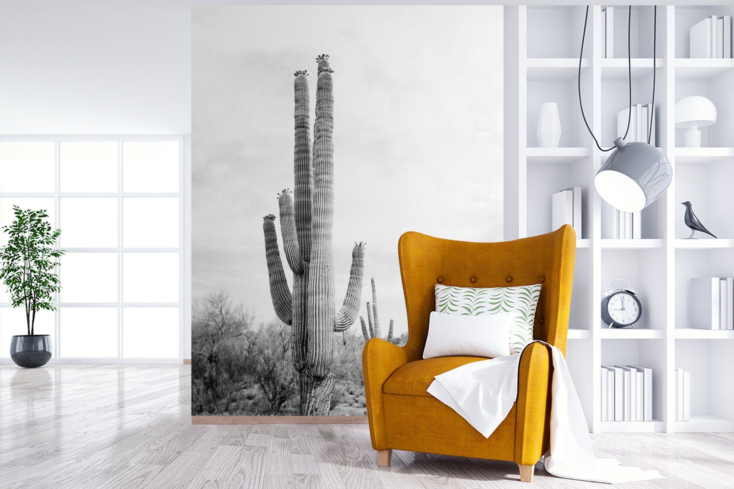 MuchoWow Fototapete Kaktus Wohnzimmer, Vinyl - bedruckt, Pflanzen, Montagefertig - St), weiß für - Matt, Tapete Natur Schwarz (4 Wandtapete und