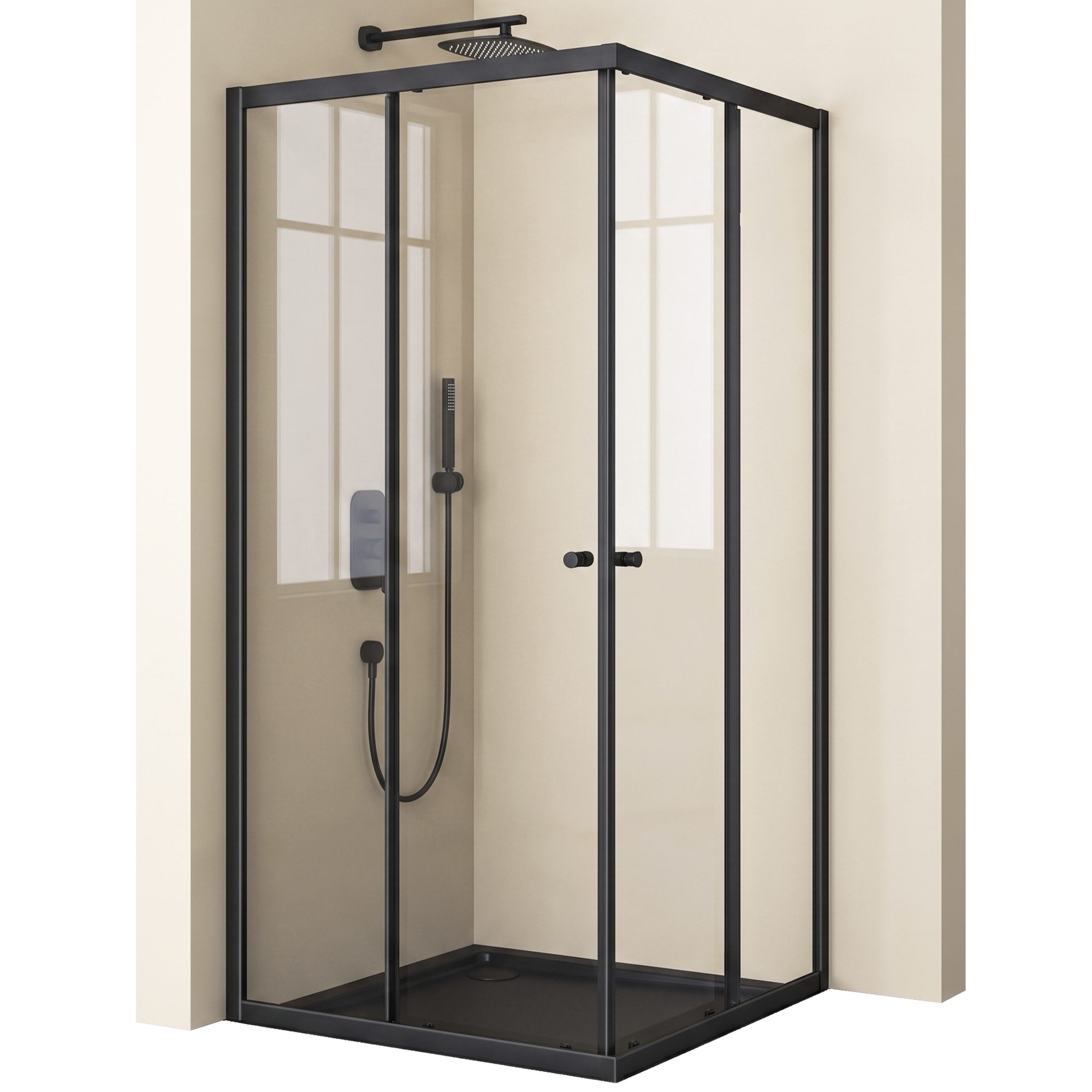 doporro Eckdusche Duschabtrennung Doppel Schiebetür 90x90 ESG mit Nano schwarz R16k, BxT: 70x70 cm, Einscheibensicherheitsglas, Schiebemechanismus, 20mm Verstellbereich