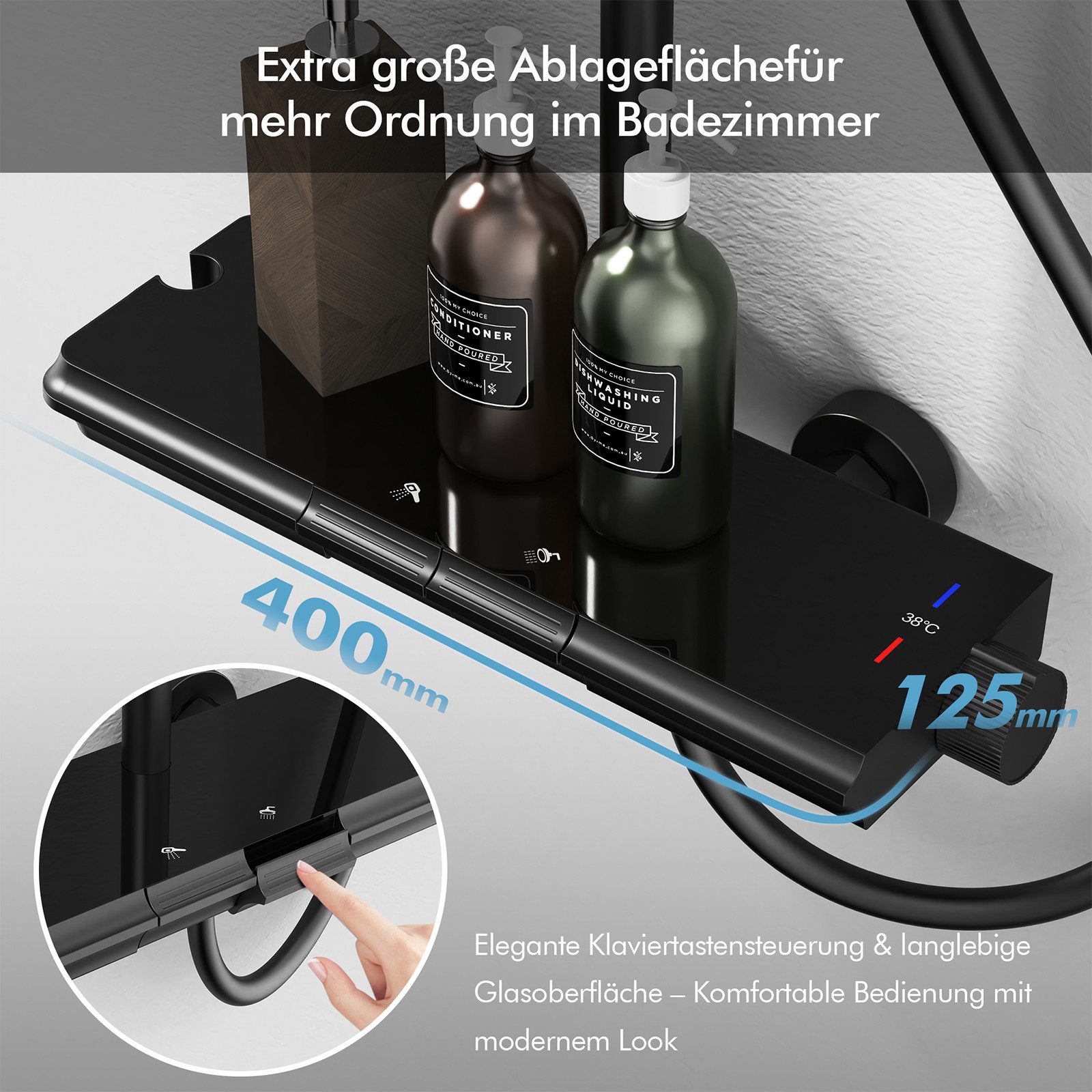 HOMELODY Duschsystem Thermostat Duschsystem Schwarz 30×20 cm mit Glasablage, 2 Strahlart(en), Regendusche, 3-Funktions Handbrause, 400 mm Ablage,G1/2 – Bild 4 von 5