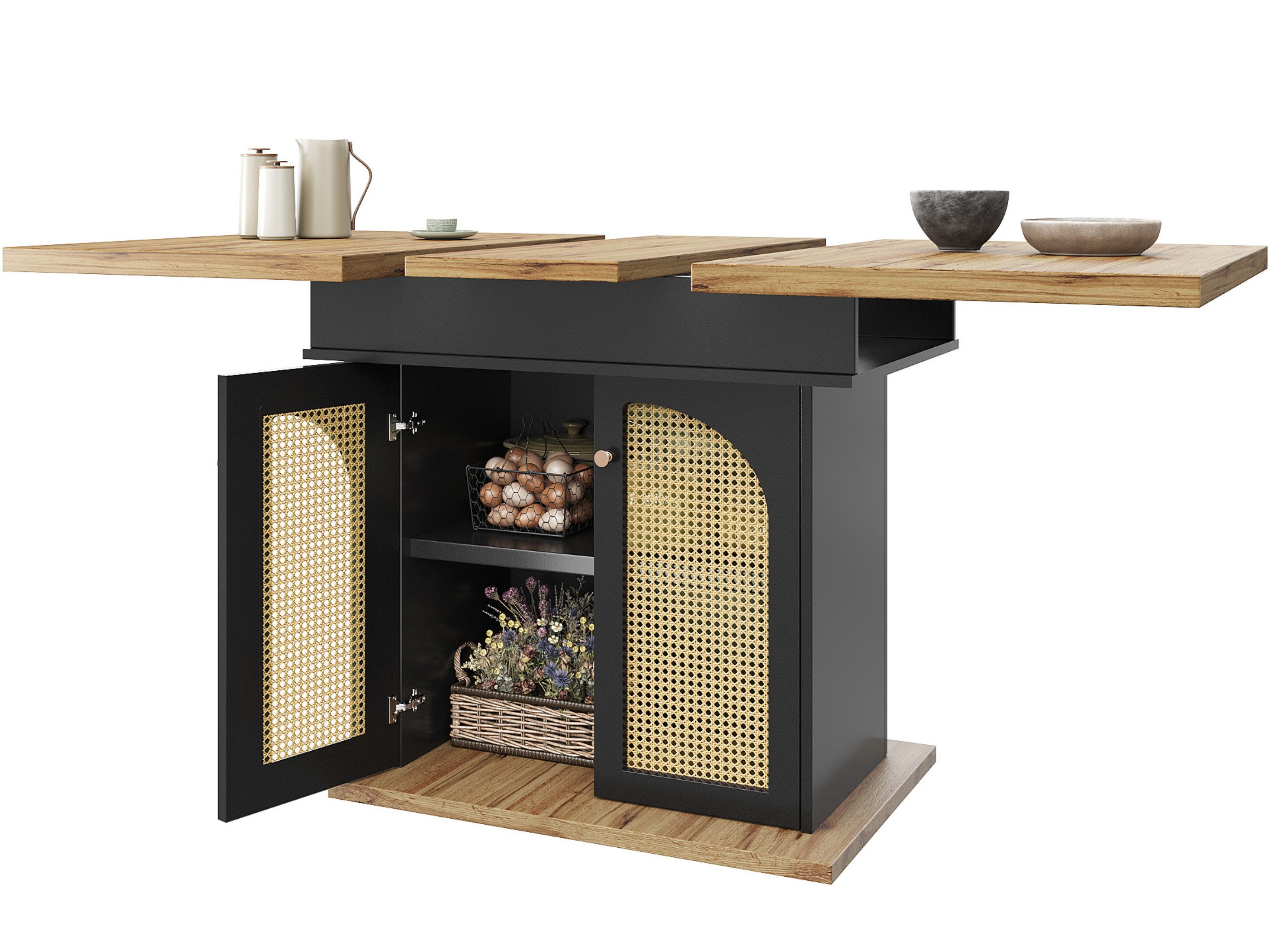 SeedWave Esstisch Ausziehbarer Küchentisch mit Rattantüren, 1 Abnehmbarer Platte, Säulentisch mit 1 verstellbarem Einlegeboden