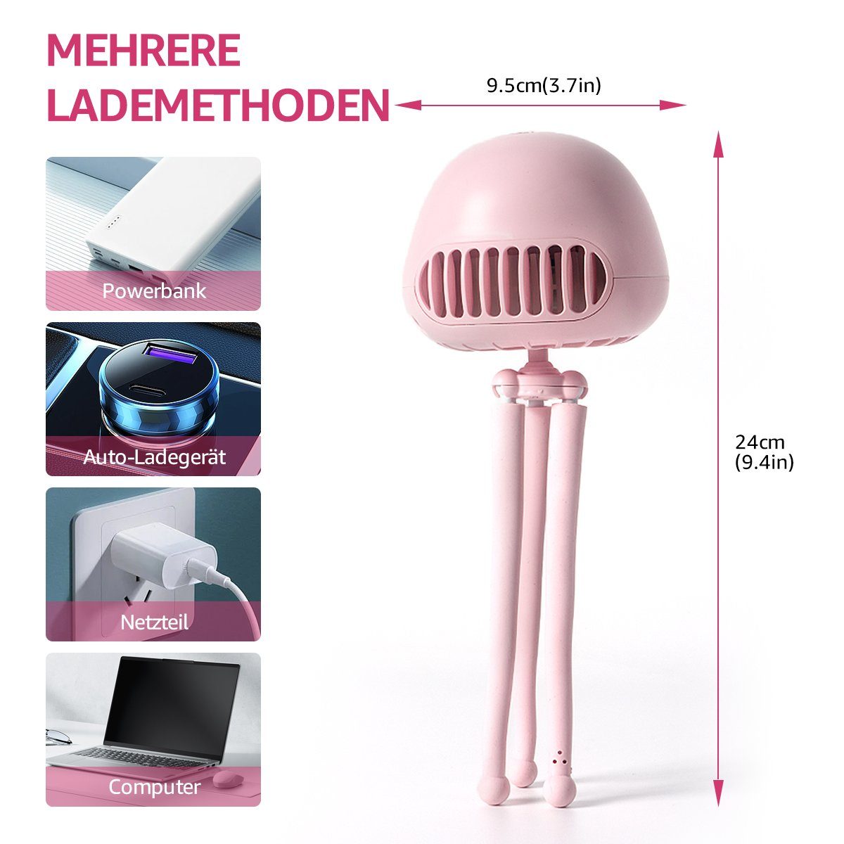 Mit LED-Lichts Mini USB-Ventilator, Fan Leise Handventilator USB Rosa 7Magic