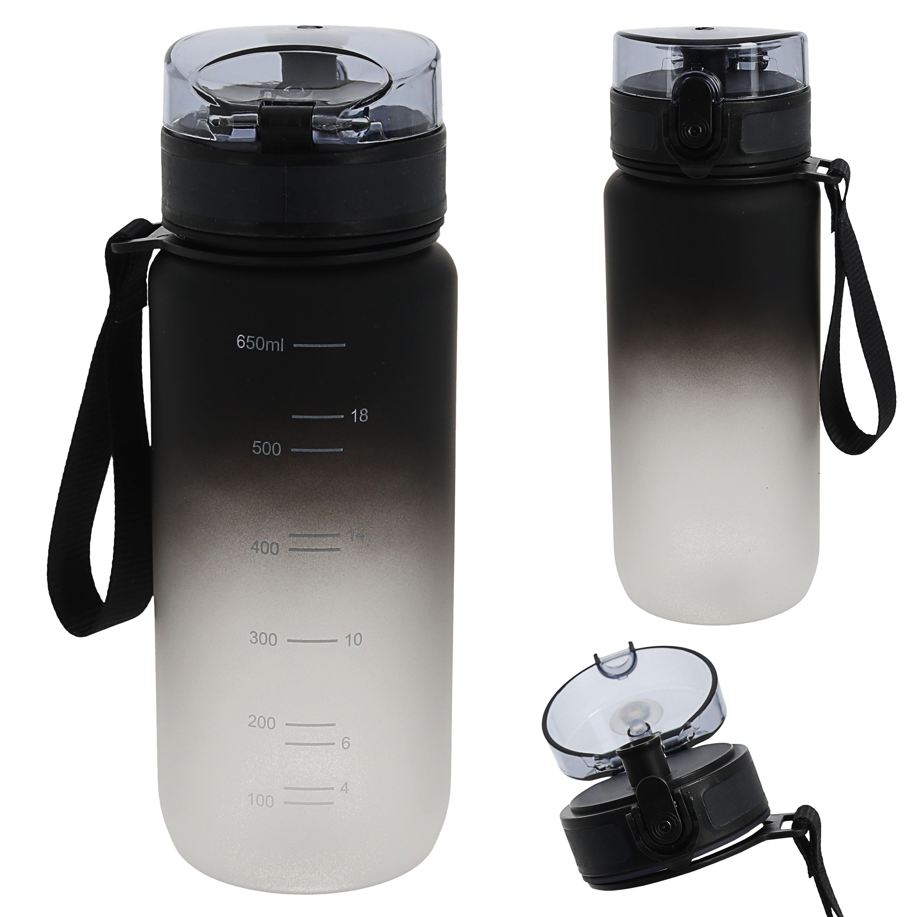 CEPEWA Trinkflasche Trinkflasche 650ml PET PP PE 7x24cm schwarz weiß Handschlaufe Sieb