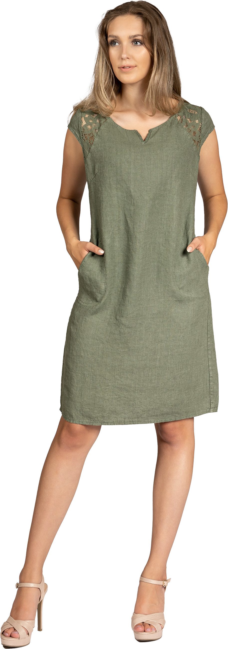 Caspar Sommerkleid SKL042 Damen Sommer Leinenkleid mit dezentem Spitzeneinsatz Luftig leicht, figurumspielende Form, mit seitlichem Jersey-Einsatz