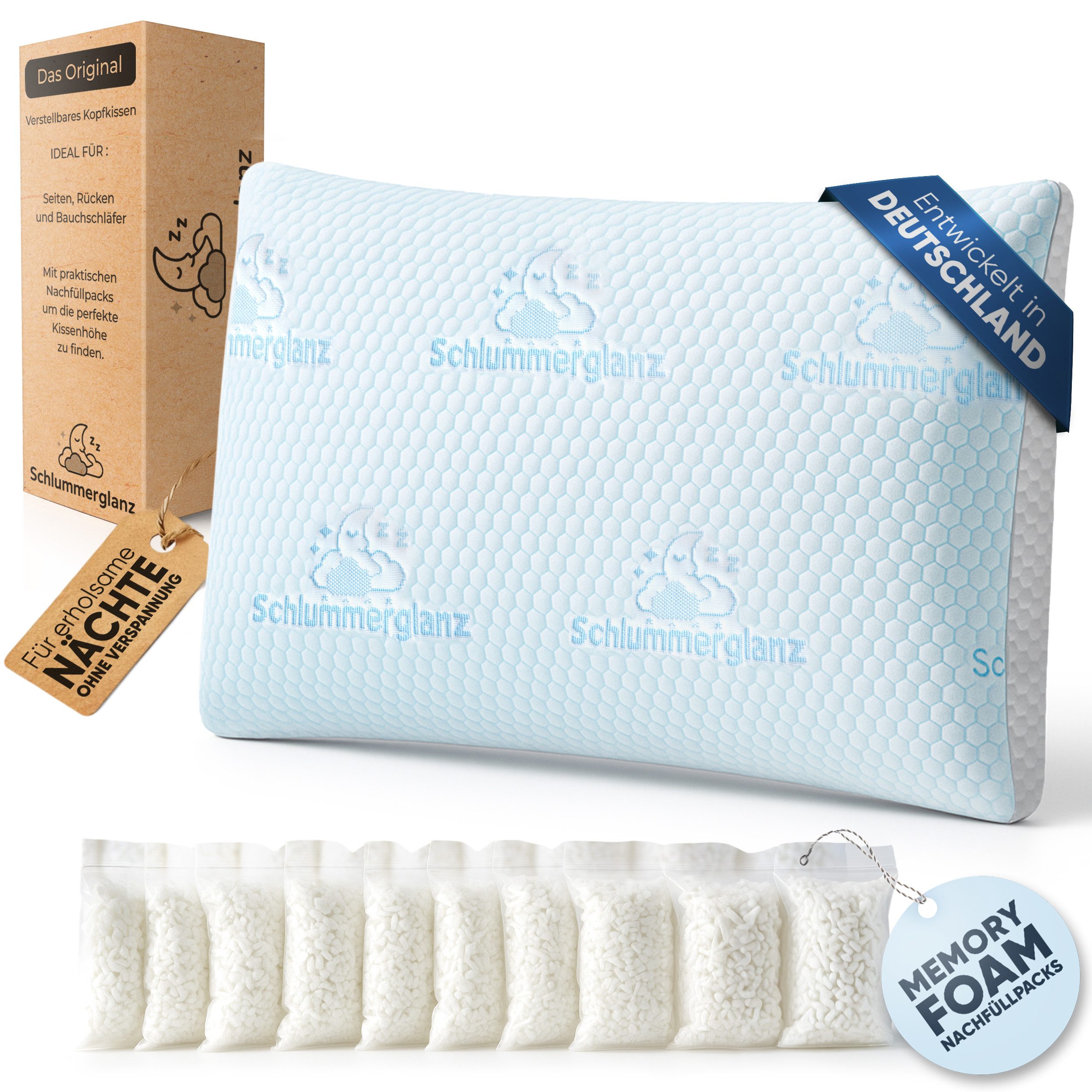 Schlummerglanz Kopfkissen Memory Foam Nackenkissen - Kopfkissen 40x80 höhenverstellbar, Füllung: Memory Foam, Memory-Schaum, höhenverstellbar, portionierte Nachfüllpacks