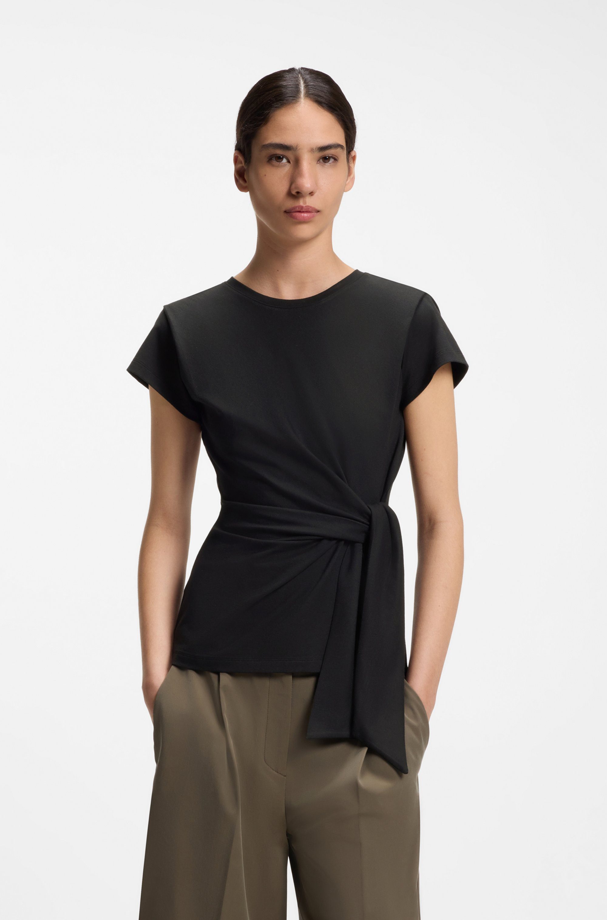 BOSS ORANGE Kurzarmshirt Erlan Premium Damenmode mit Knoten-Detail, figurbetont