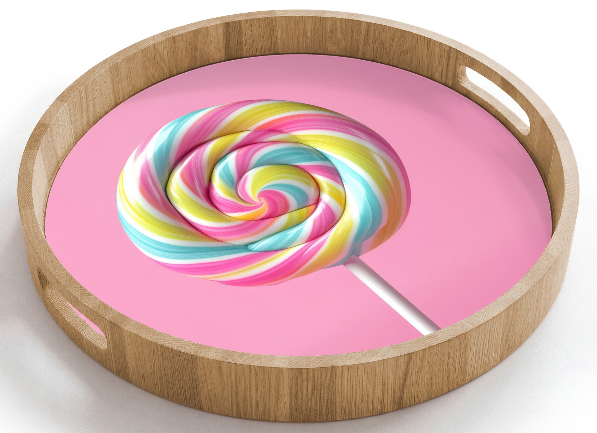 OnlyWow Tablett Rund mit Henkel Lollipop - Rosa - Süßigkeit - Süß, Eichenholz, (1-tlg), Siervierplatte, Tray, Frühstücksbrett
