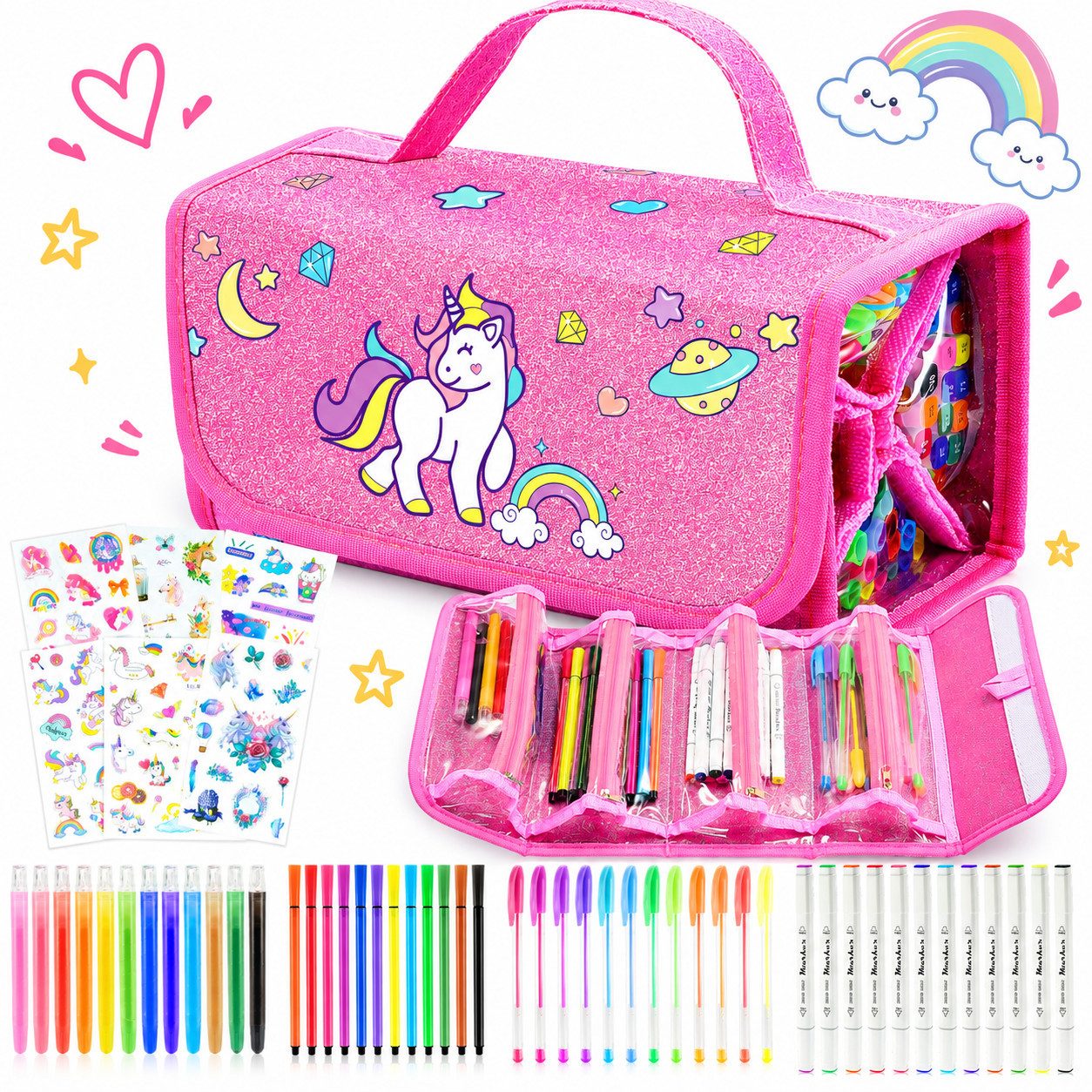 Wootoy Buntstift Einhorn Malset mit Federmäppchen 54-teiliges Kreativset Glitzerstiften, (Federmäppchen mit 4 Reißverschlussfächern und …