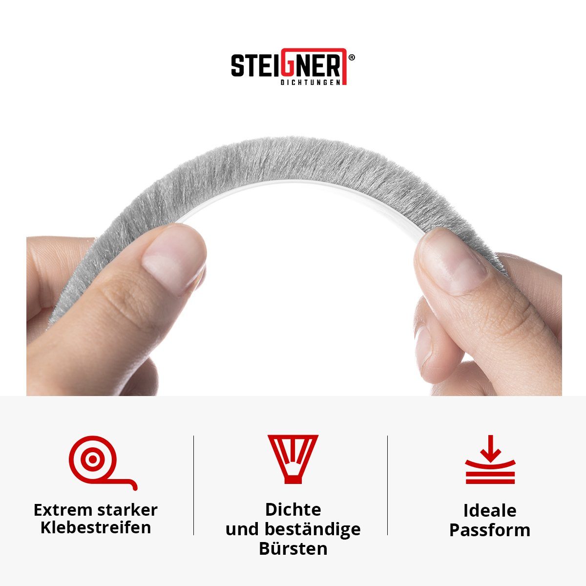 grau 5m Länge STEIGNER Bürstendichtung Türdichtung Türdichtband Bürstenhöhe selbstklebend 4mm