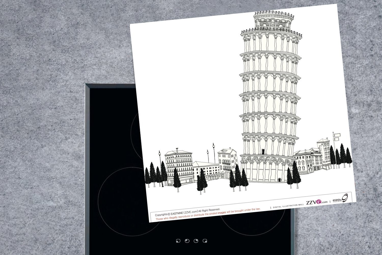 MuchoWow Herdblende-/Abdeckplatte Skyline Turm dem tlg), (1 einer Ceranfeldabdeckung, 78x78 Vinyl, Illustration Pisa, für von Arbeitsplatte cm, küche mit