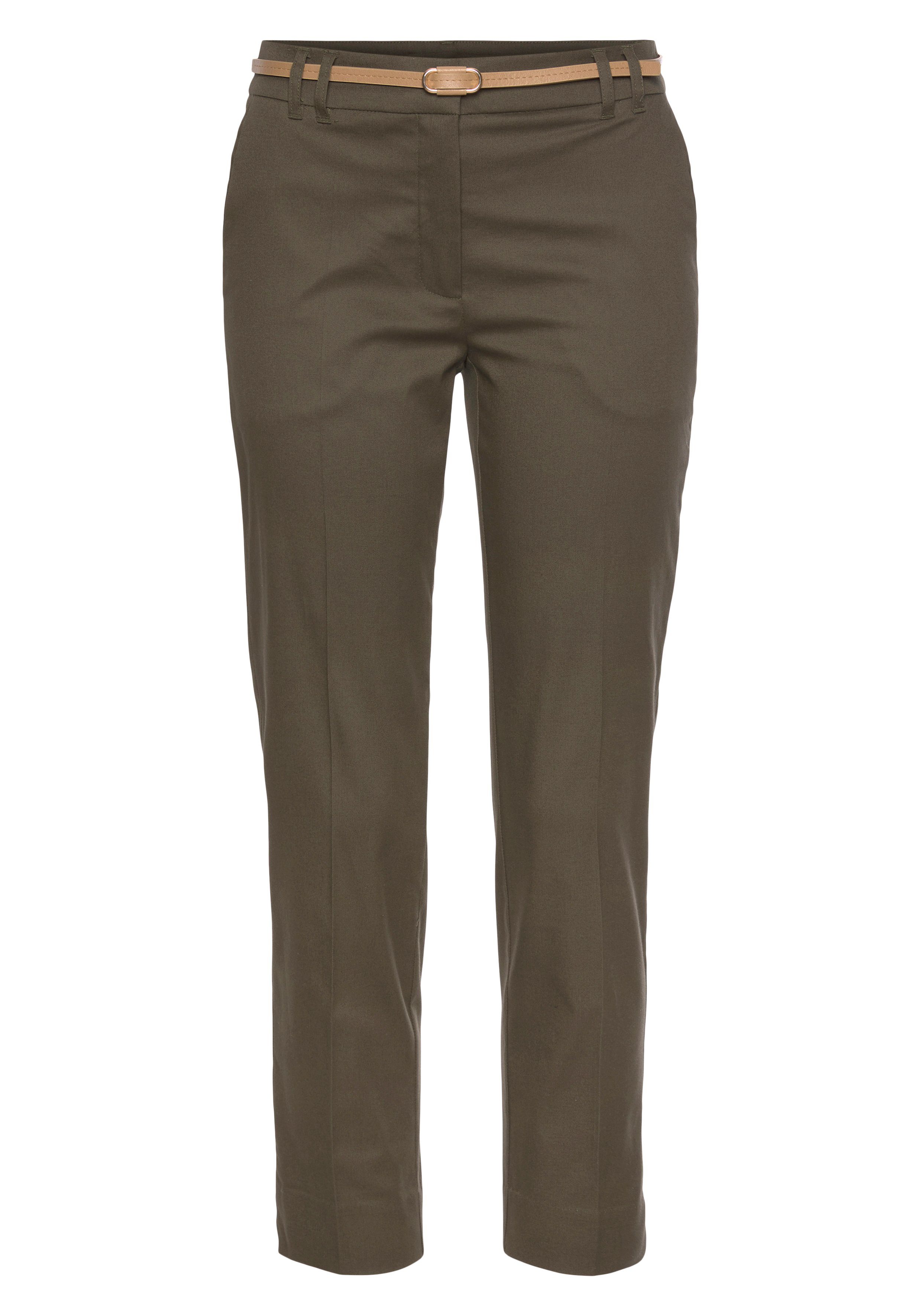 Business-Look Chinohose in (mit Lederoptik) Gürtel Vivance Stoffhose, khaki klassischer in Basic-Form,